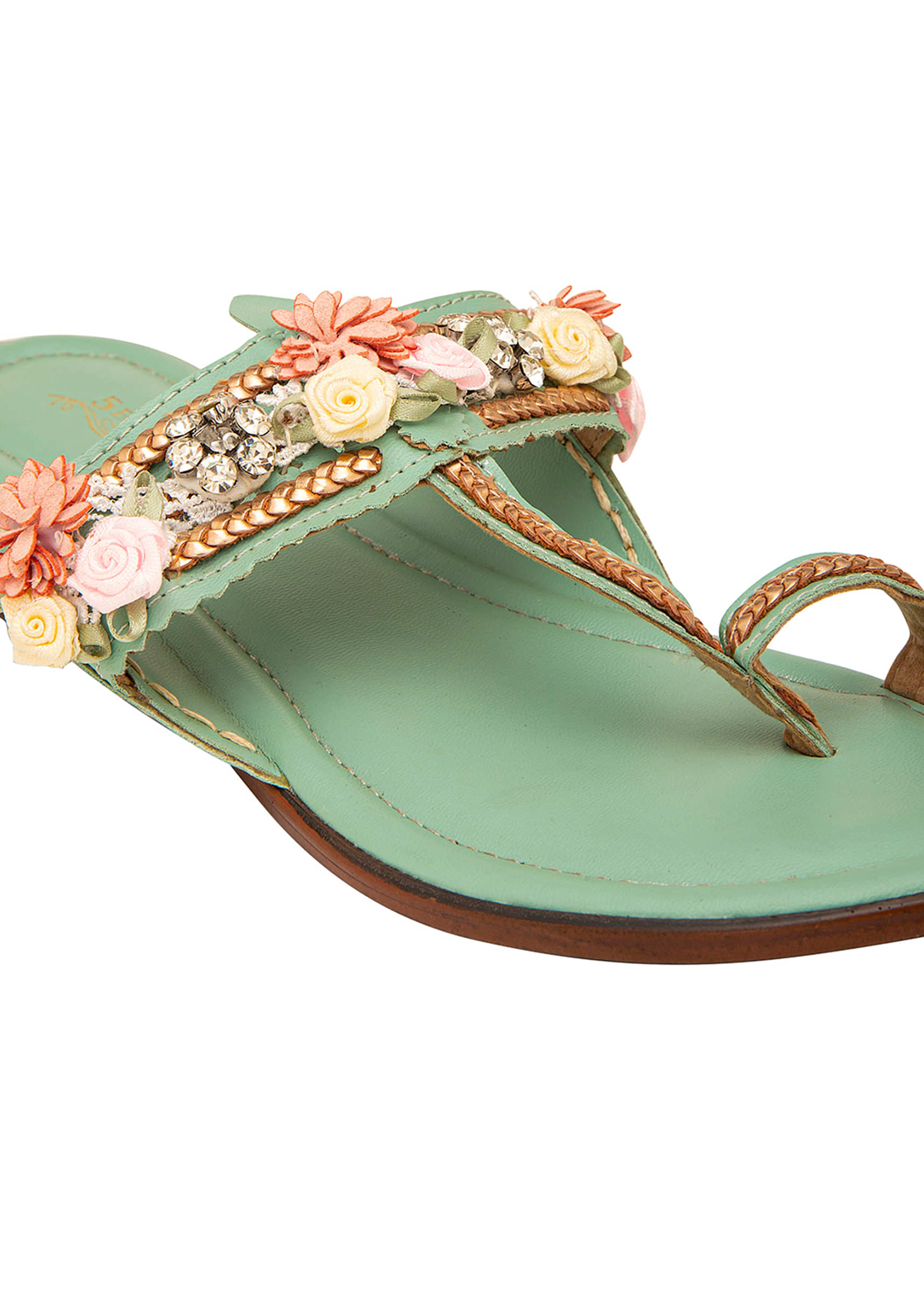 Mint Kolhapuri Cushioned Flat Footwear With Floral Embellishment