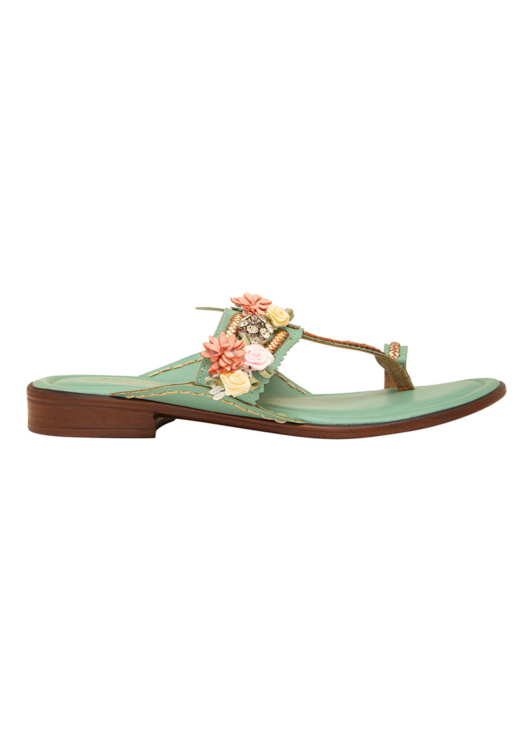 Mint Kolhapuri Cushioned Flat Footwear With Floral Embellishment