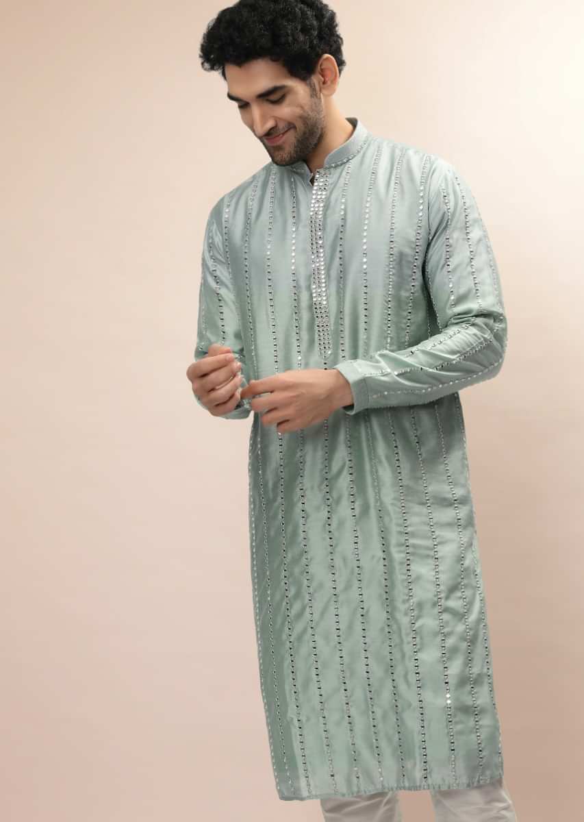 Mint Kurta Set In Silk With Heavy Mirror Embroidered Stripes  