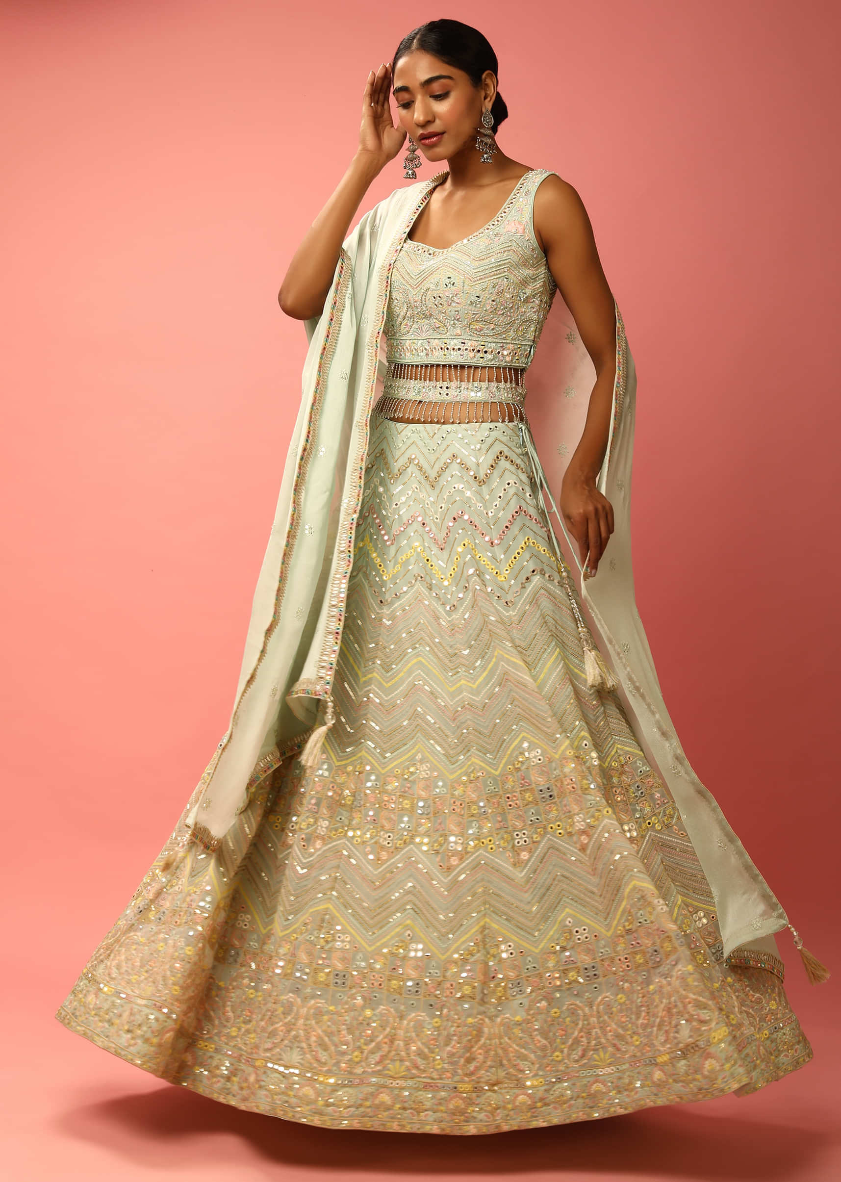Mint Lehenga Choli With Multi Colored Resham And Mirror Embroidery 
