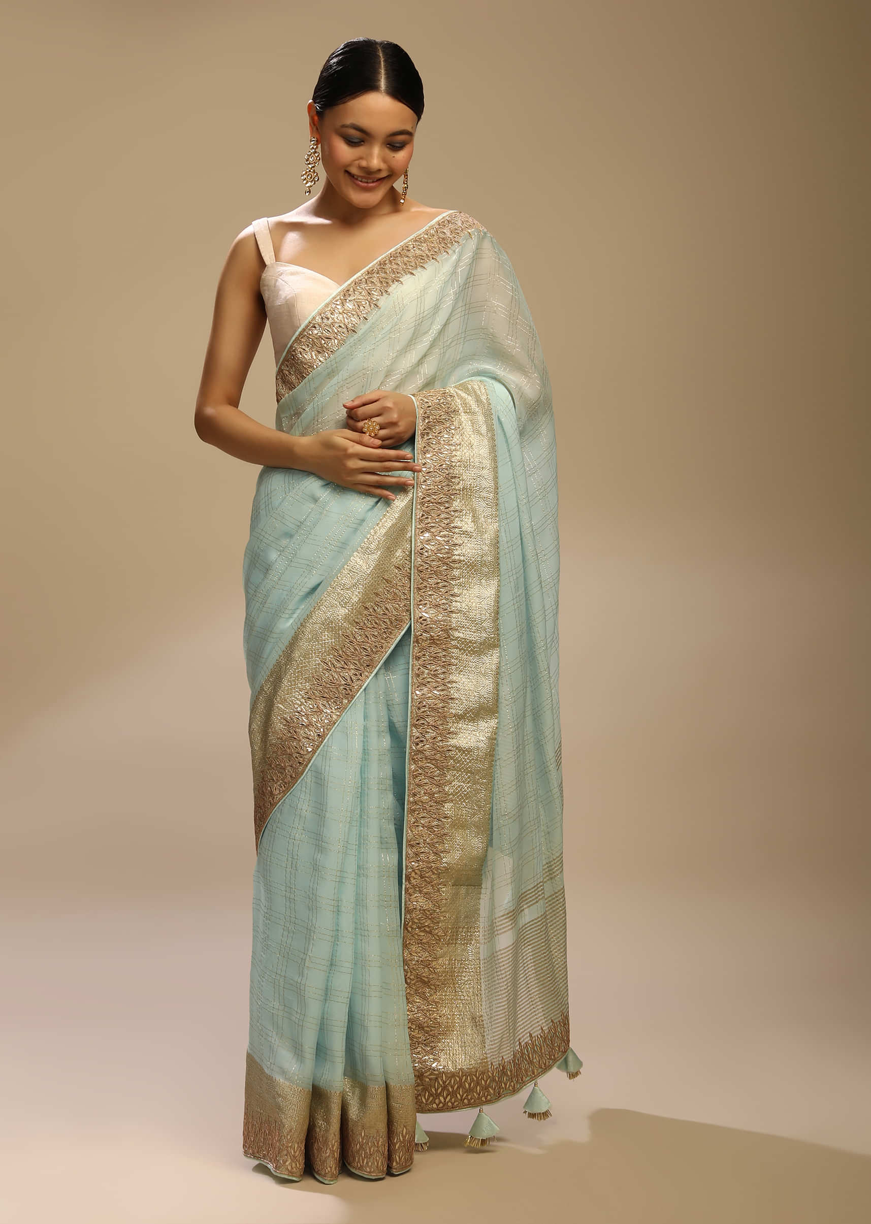 Mint Saree In Zari Kota Silk With Woven Checks And Gotta Embroidered Border