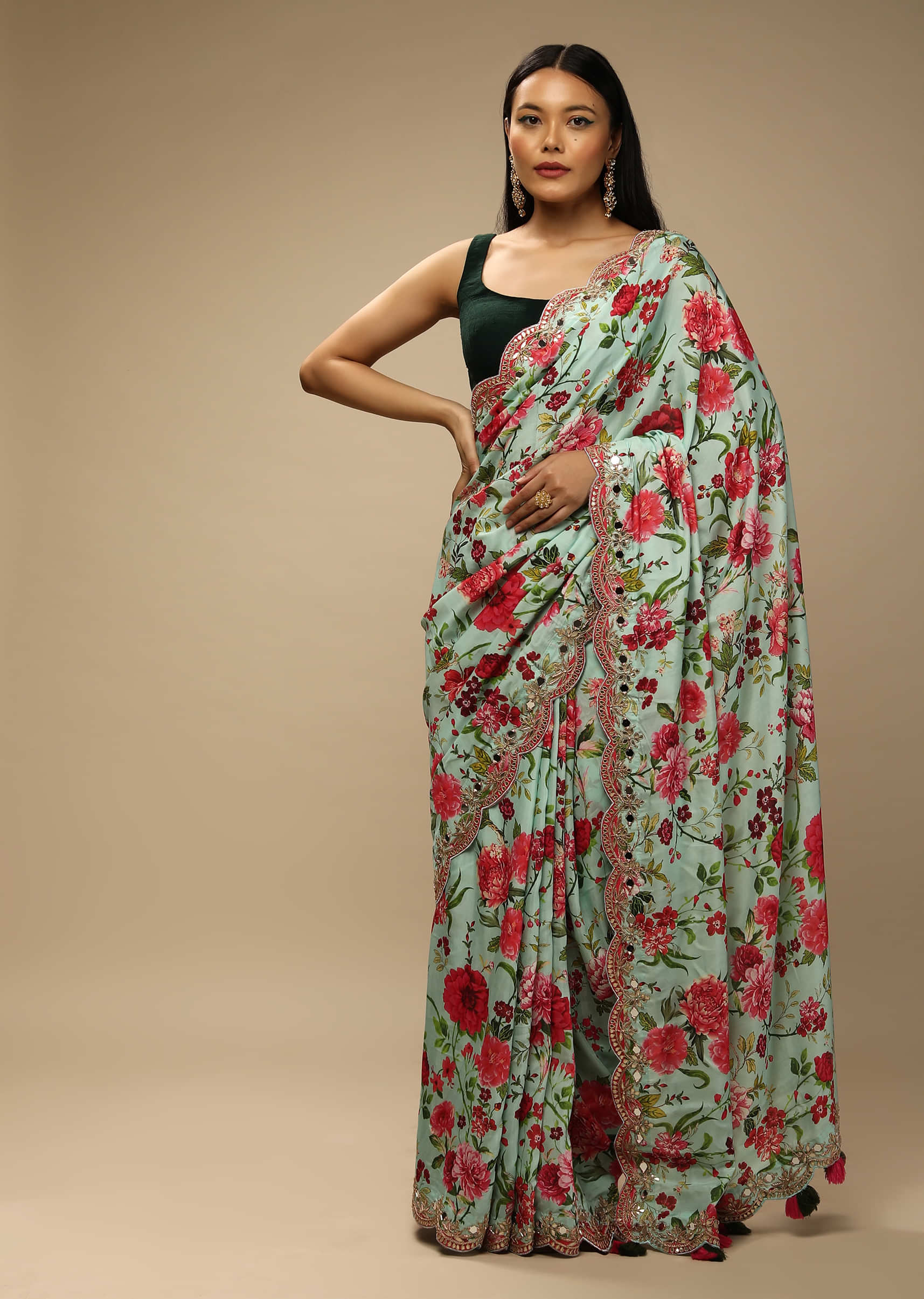 Mint Saree In Cotton Silk With Contrasting Floral Print And Gotta Embroidered Scallop Border