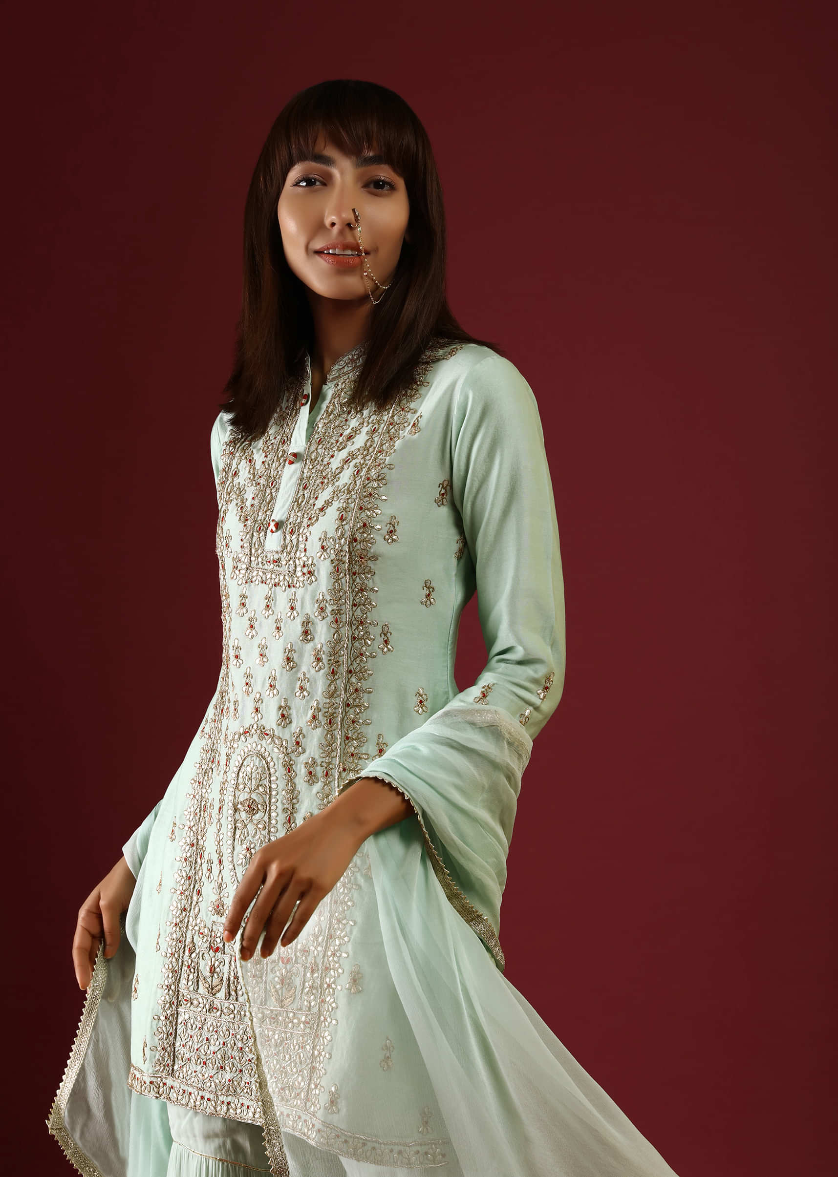 Mint Sharara Suit In Georgette With Gotta Patti And Thread Embroidered Centre Panel And Butti Design  