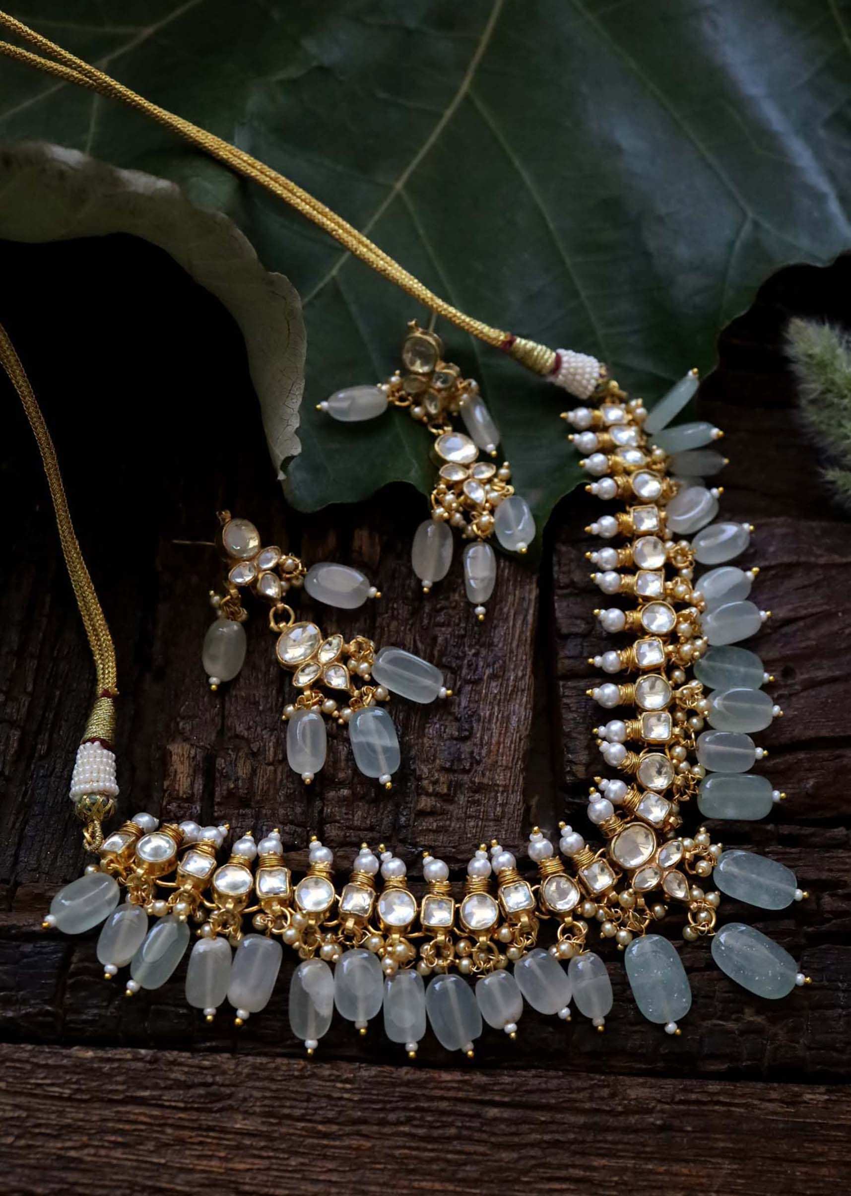 Mint Stone Necklace And Earrings Set With Kundan And Pearl Spikes By Paisley Pop