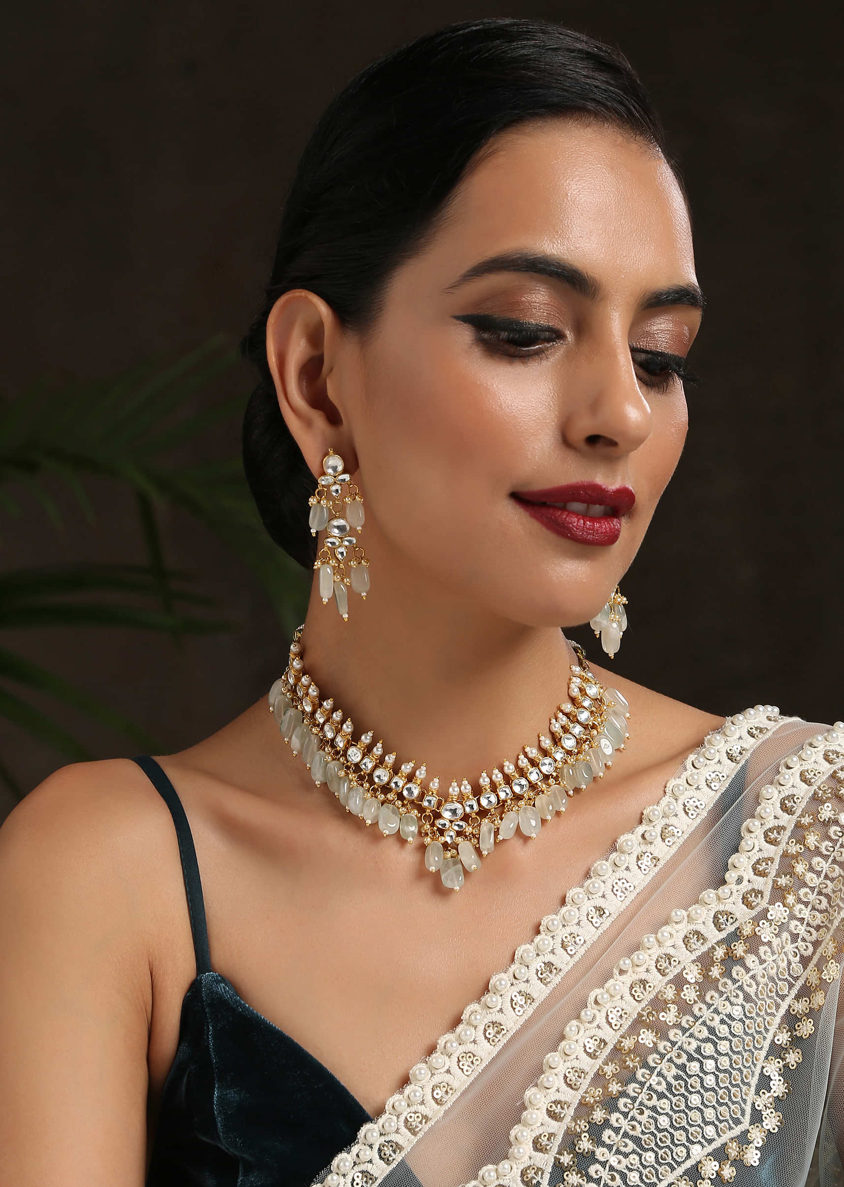 Mint Stone Necklace And Earrings Set With Kundan And Pearl Spikes By Paisley Pop