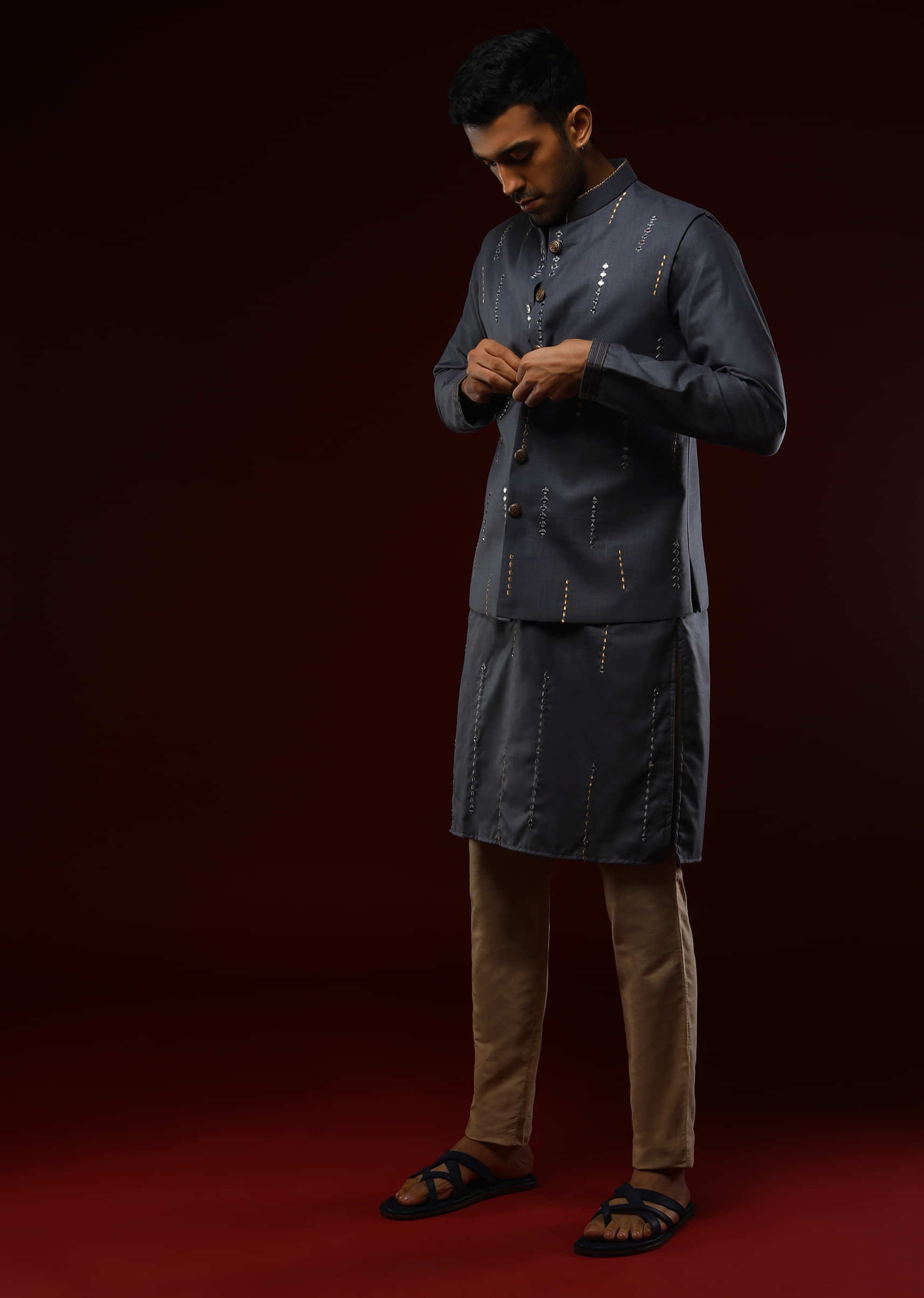 Mirage Blue Nehru Jacket Set With Mirror Abla And Zari Embroidered Vertical Stripes