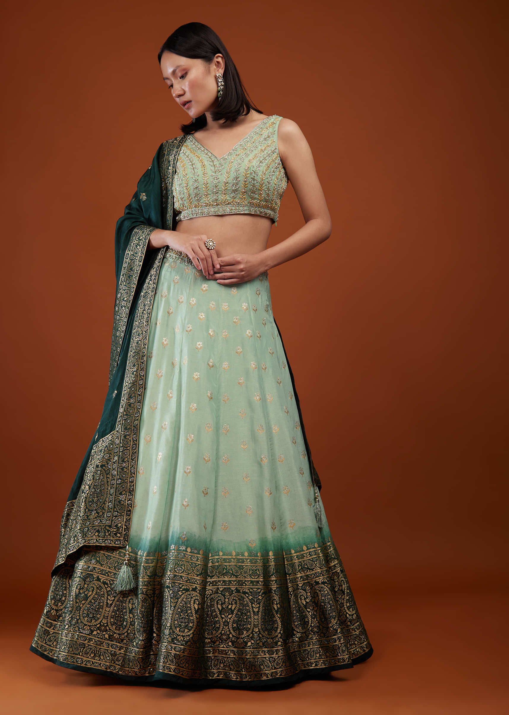 Sea Green Lehenga Set With Weave And Embroidery