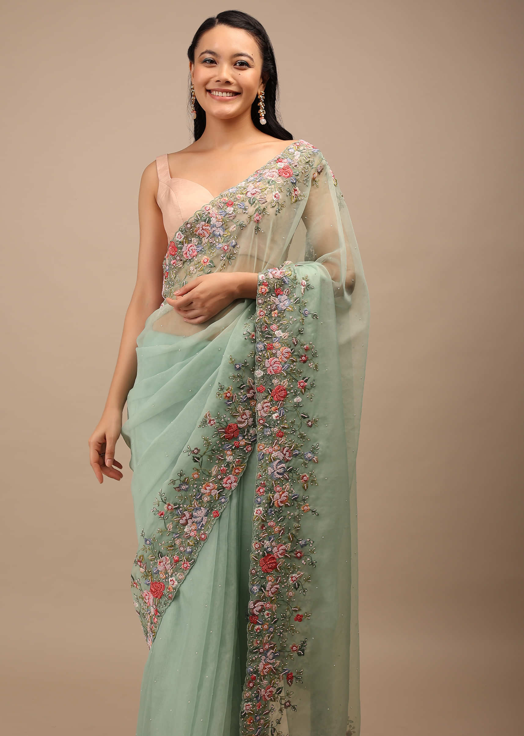 Mist Green Organza Saree In Multi-Color Resham Work Embroidery Detailing On The Border, 