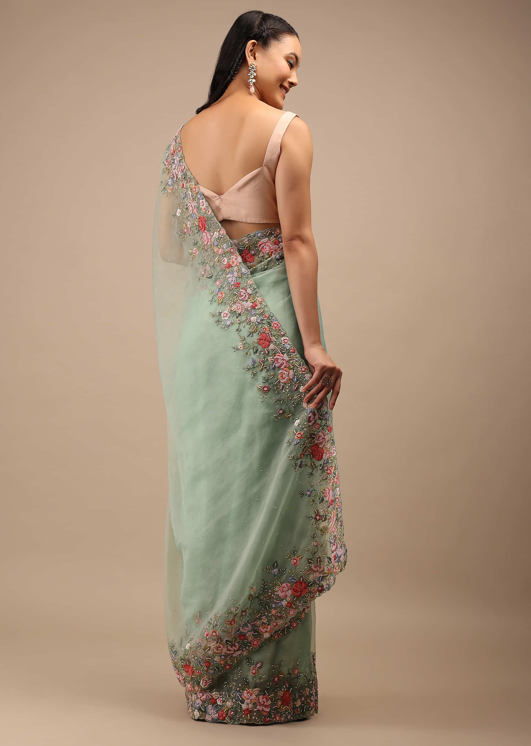 Mist Green Organza Saree In Multi-Color Resham Work Embroidery Detailing On The Border, 