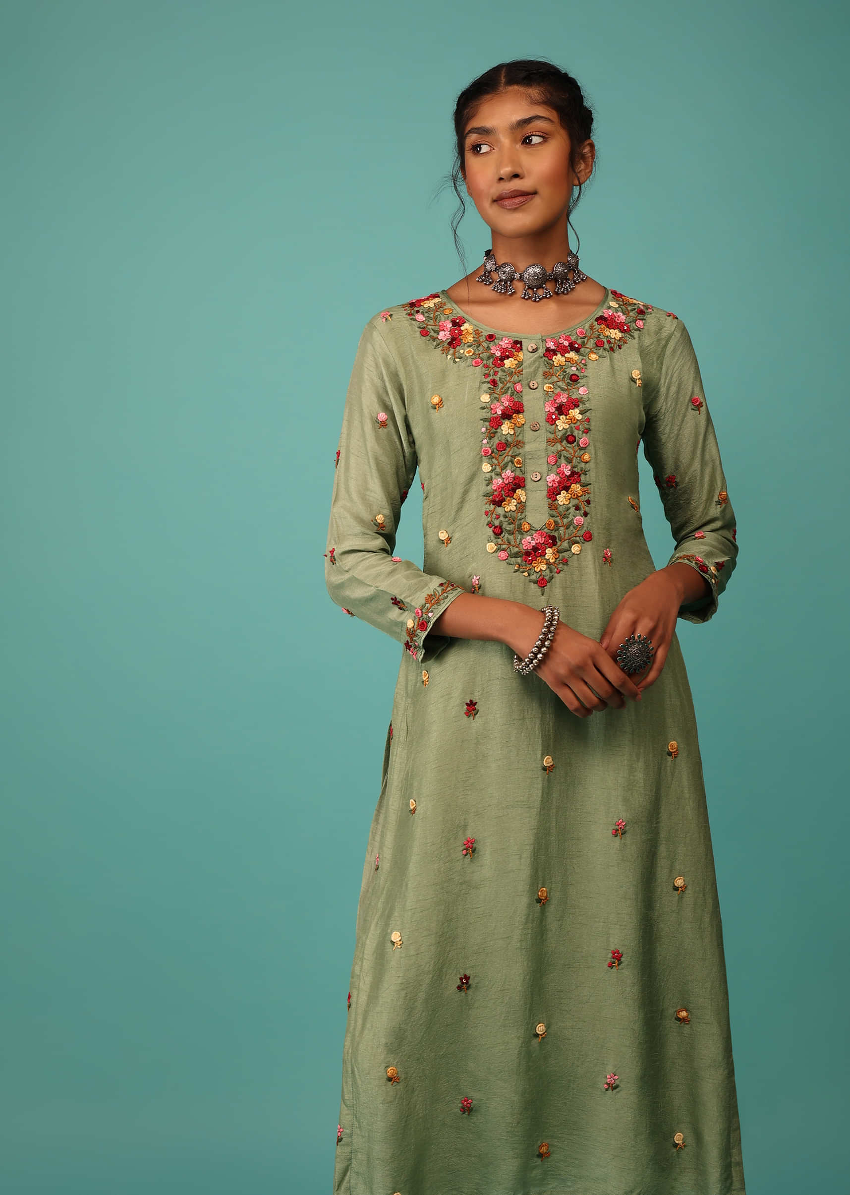 Pista Green Kurta Set In Dola Silk With Kashmiri Thread Embroidery & 3D Floral Work