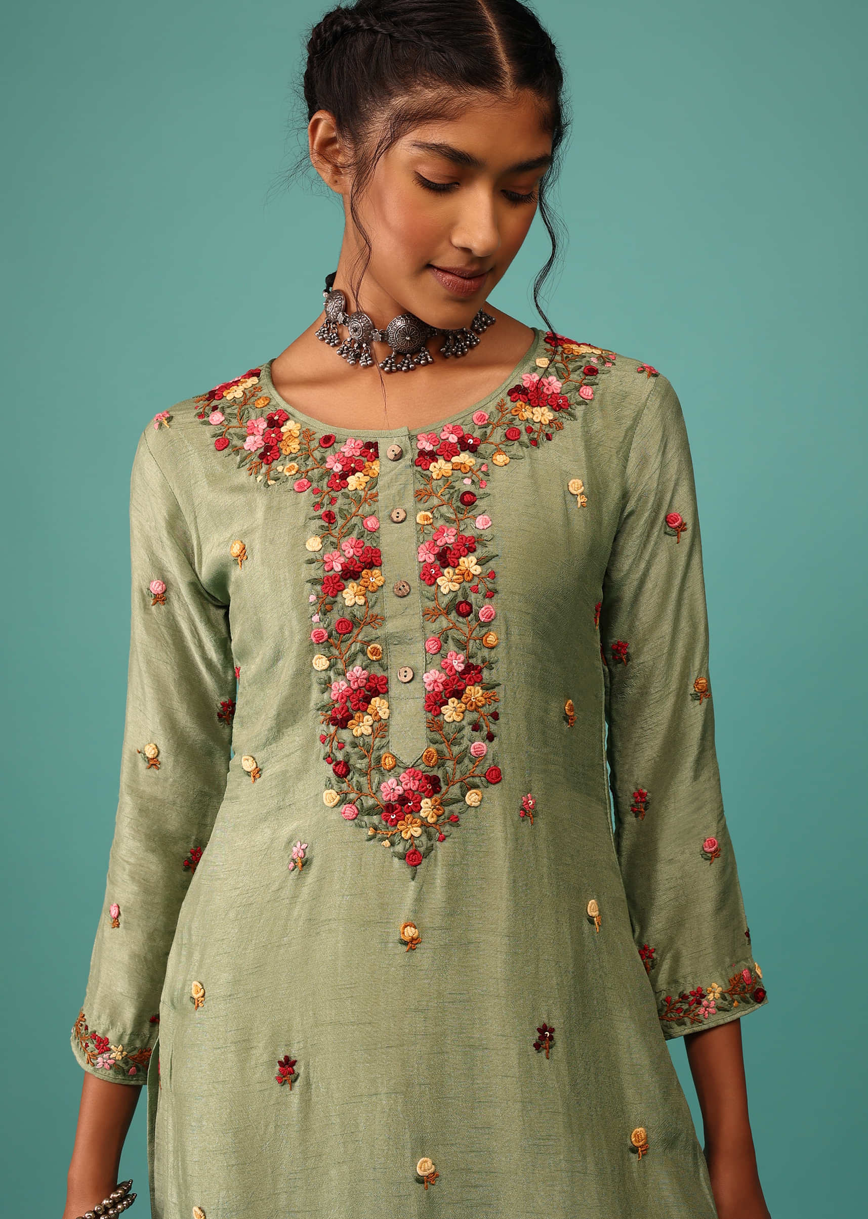 Pista Green Kurta Set In Dola Silk With Kashmiri Thread Embroidery & 3D Floral Work