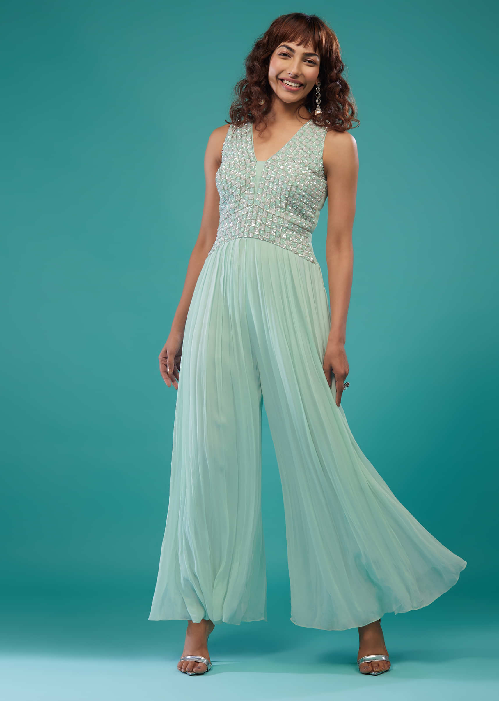 Powder Blue Sequins Embroidered Jumpsuit In Organza