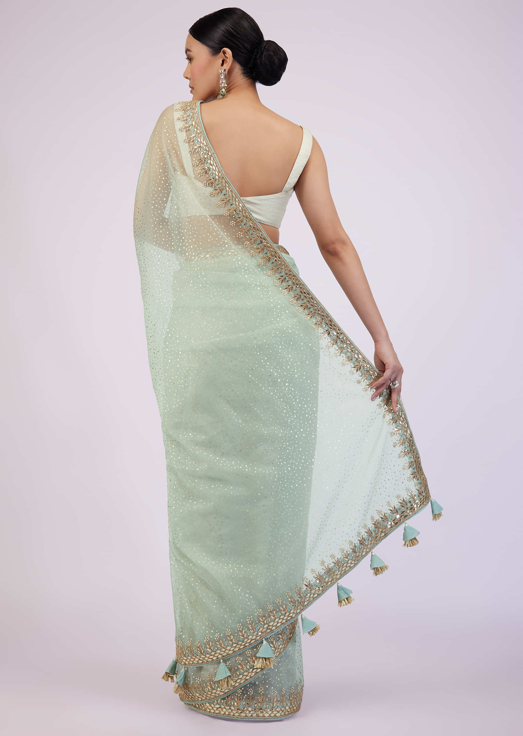 Frost White Saree In Organza With Foil Print And Embroidery