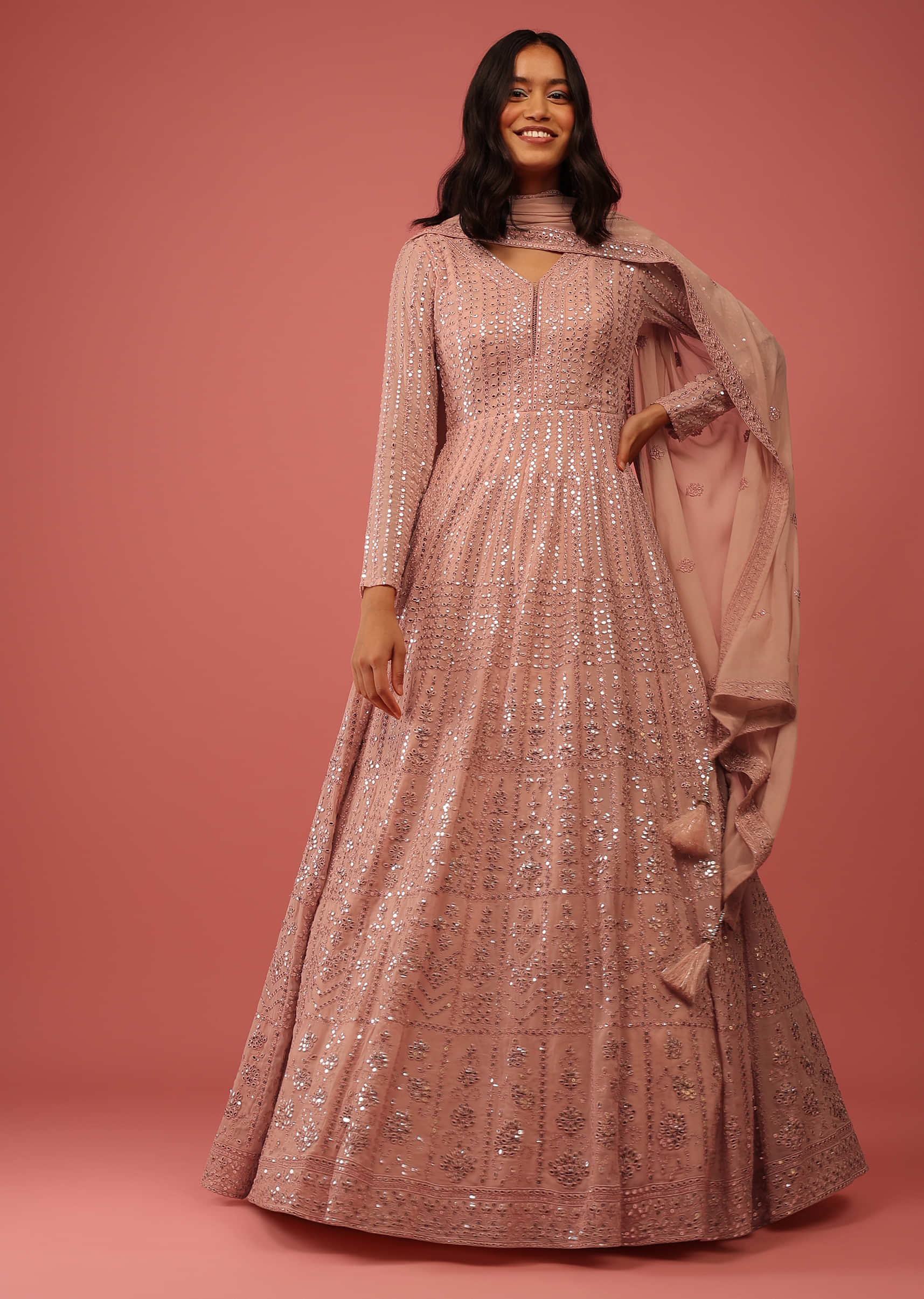 Misty Rose Anarkali Suit With Sequins And Abla Embroidered Kali Design