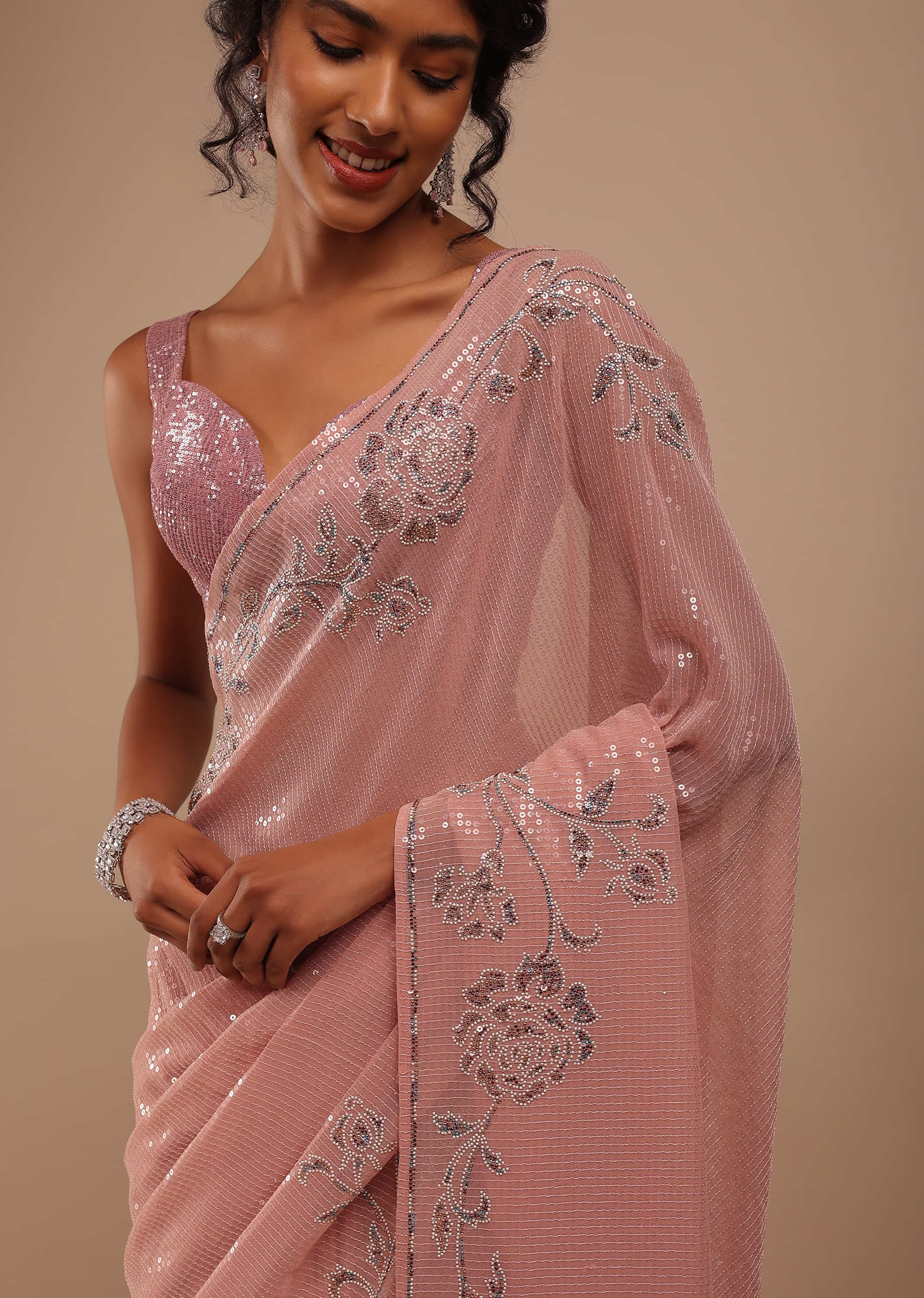 Misty Rose Sequins Embroidered Saree In Georgette