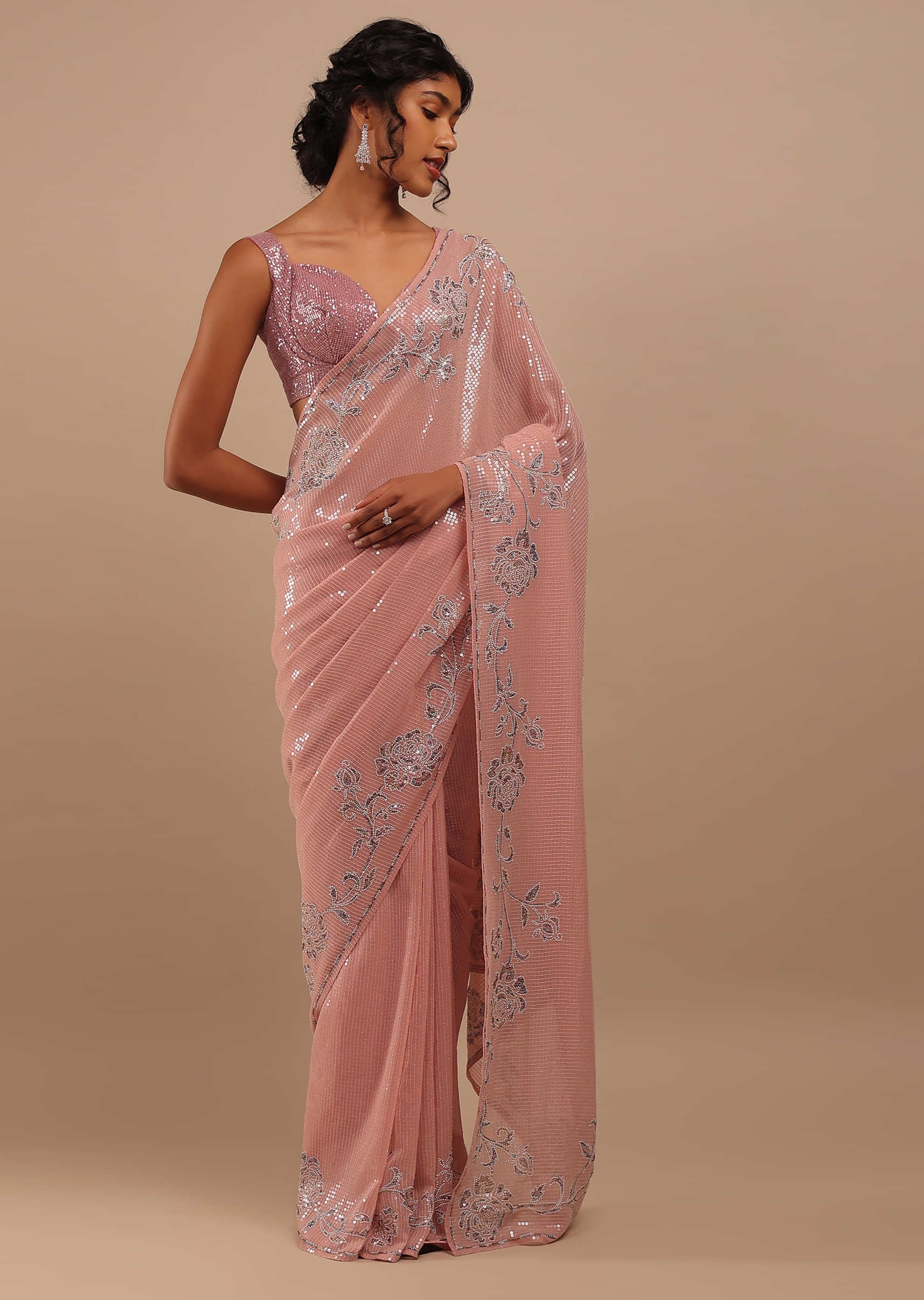 Misty Rose Sequins Embroidered Saree In Georgette
