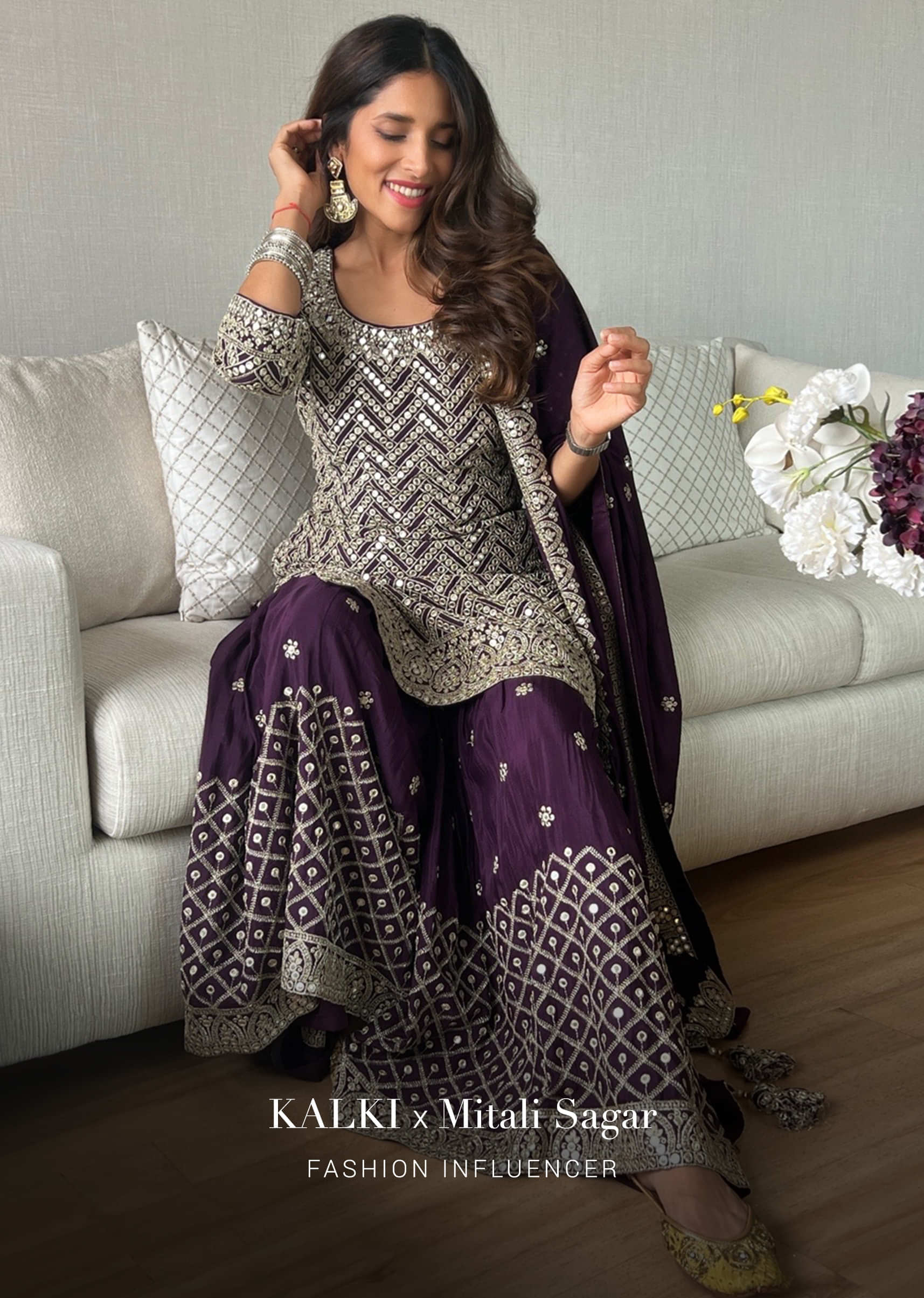 Deep Purple Sharara Suit In Crepe Silk With Zari And Mirror Embroidered Chevron Jaal  