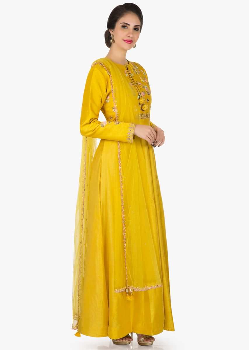 Yellow Anarkali Suit In Silk Embellished In Resham And Gota Patch Work Online - Kalki Fashion