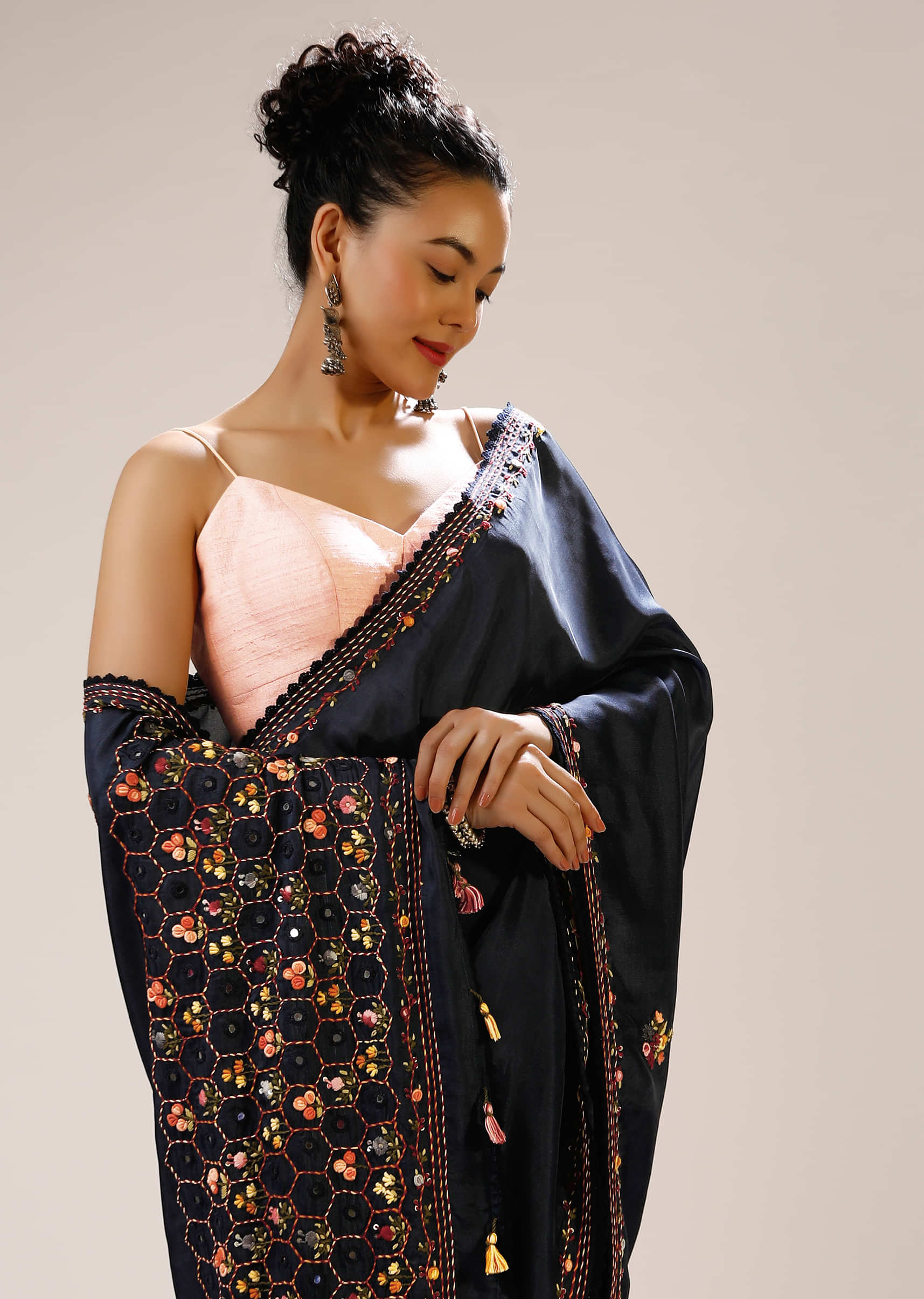 Mood Indigo Saree In Satin Silk With Bud Embroidered Floral And Honeycomb Motifs On The Pallu Along With Butti Design  