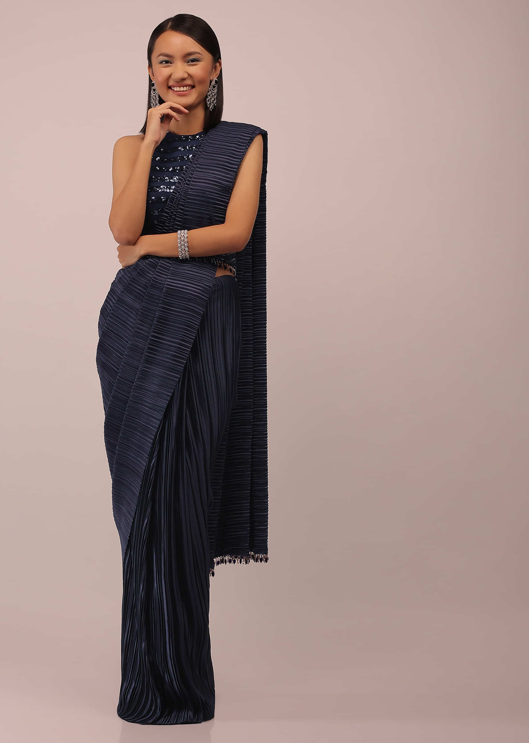 Mood Indigo Blue Saree With A Crop Top In Sequins Embroidery Paired With A Belt In Stones And Cut Dana Embroidery