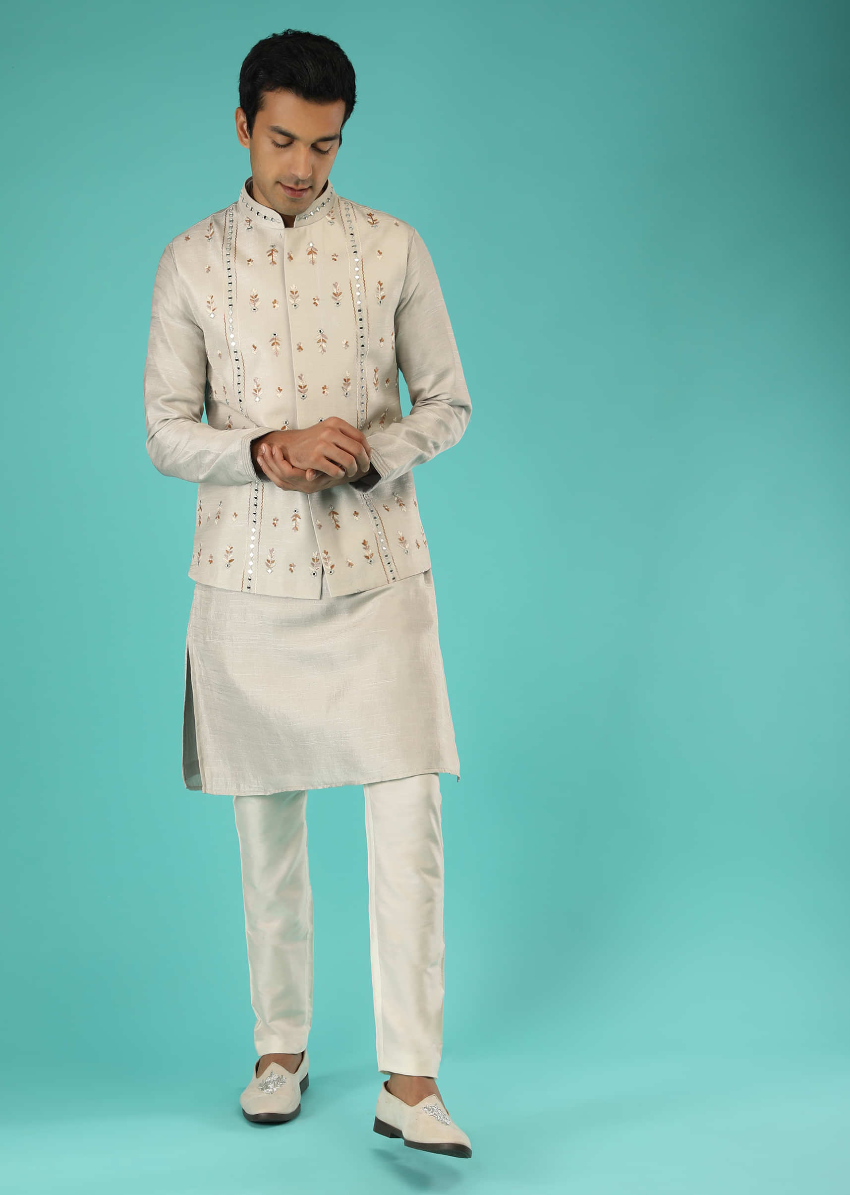 Moonbeam Grey Nehru Jacket And Kurta Set With Multi Colored Resham Embroidered Floral Buttis