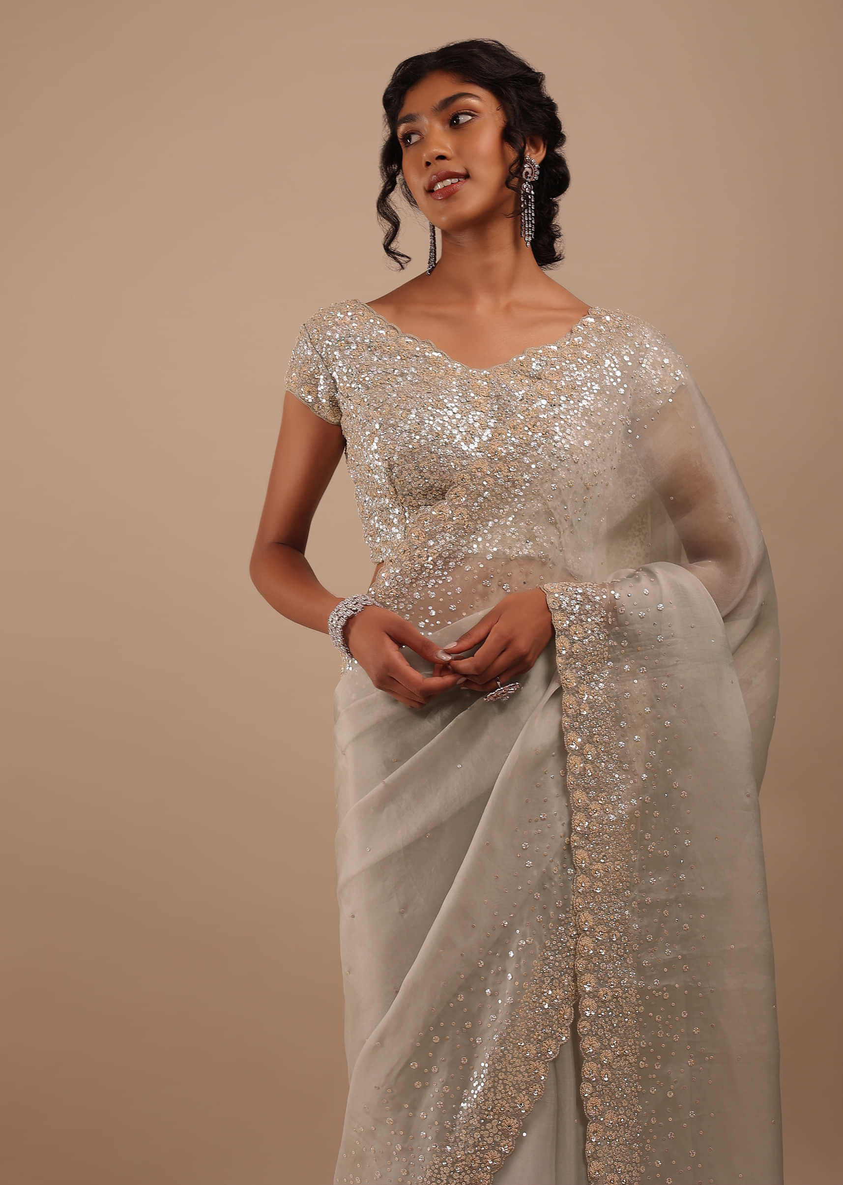 Moonstruck Grey Organza Saree In Grey And Cream Sequins 3D Floral Motifs Embroidery With The Cutwork Detailing On Border