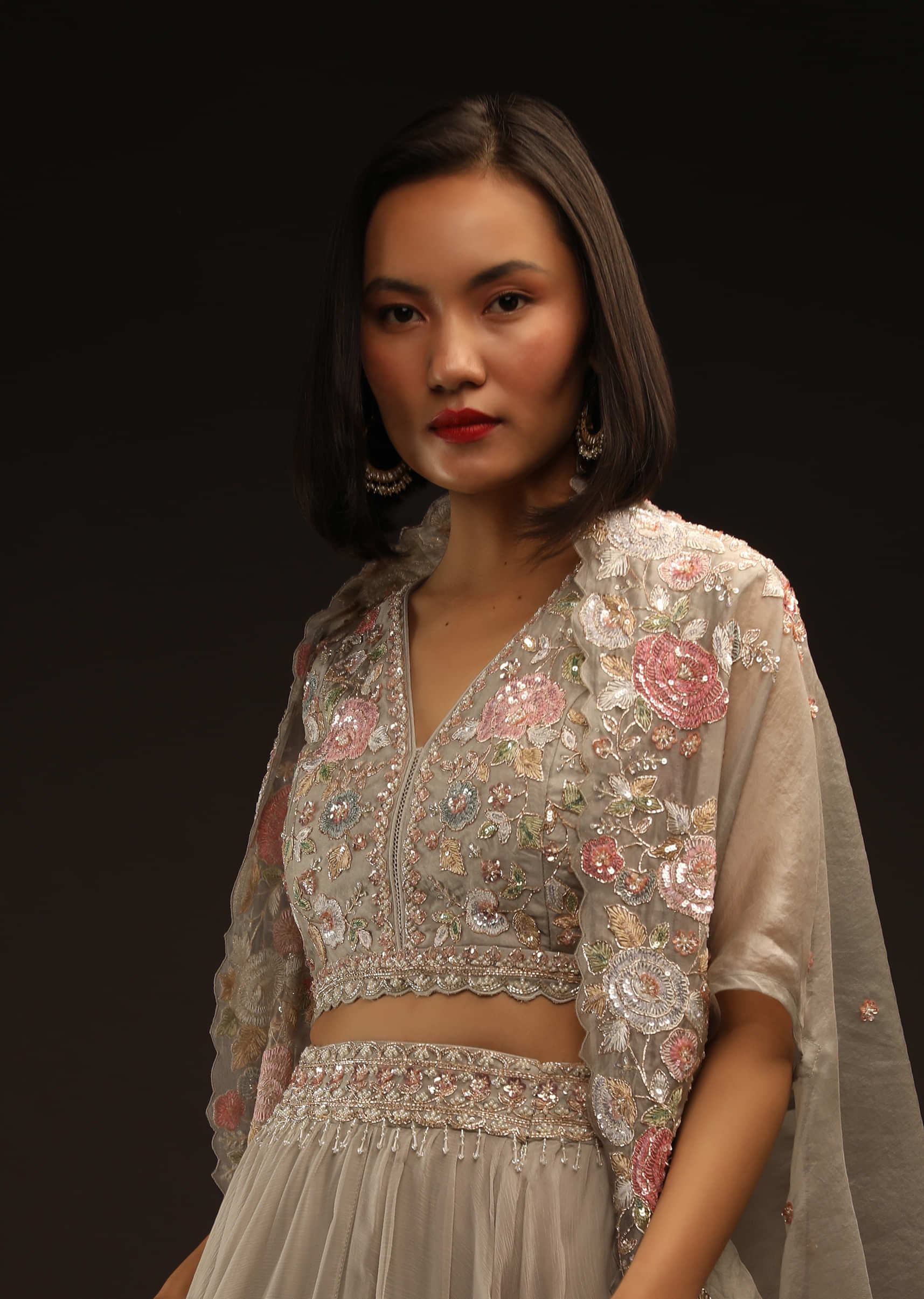 Moonstruck Grey Skirt And Crop Top Set With Multi Colored Hand Embroidery And Cape Jacket