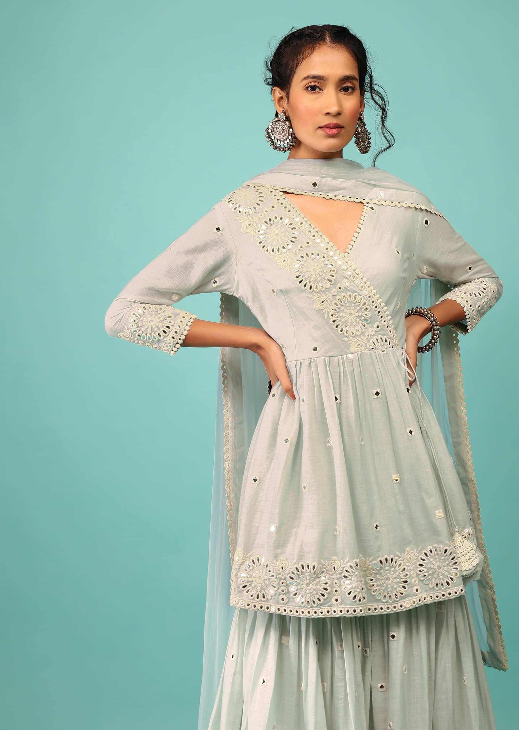 Powder Mist Blue Sharara Suit In Cotton With Lucknowi Floral Embroidery & Angarakha Peplum Top