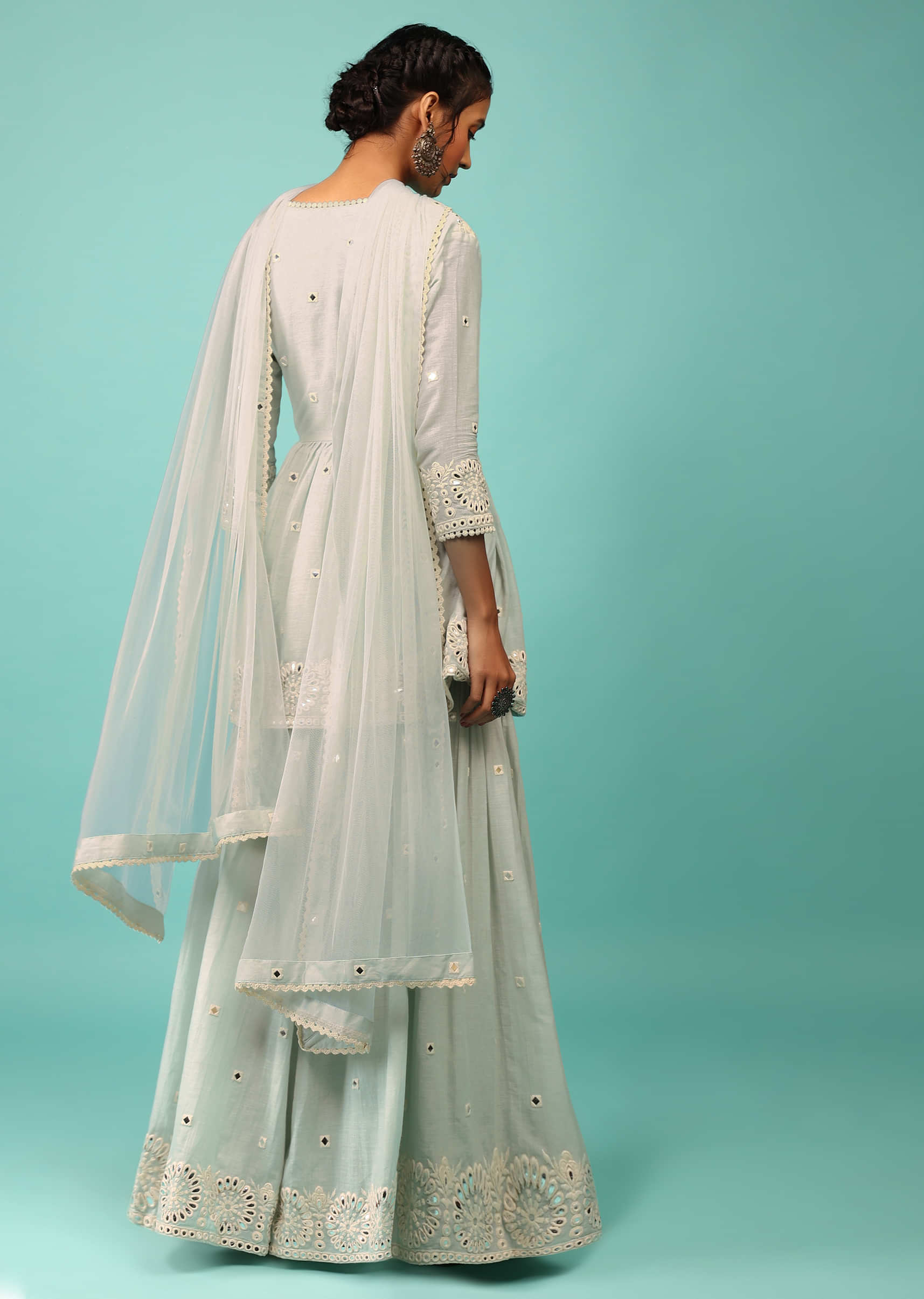 Powder Mist Blue Sharara Suit In Cotton With Lucknowi Floral Embroidery & Angarakha Peplum Top