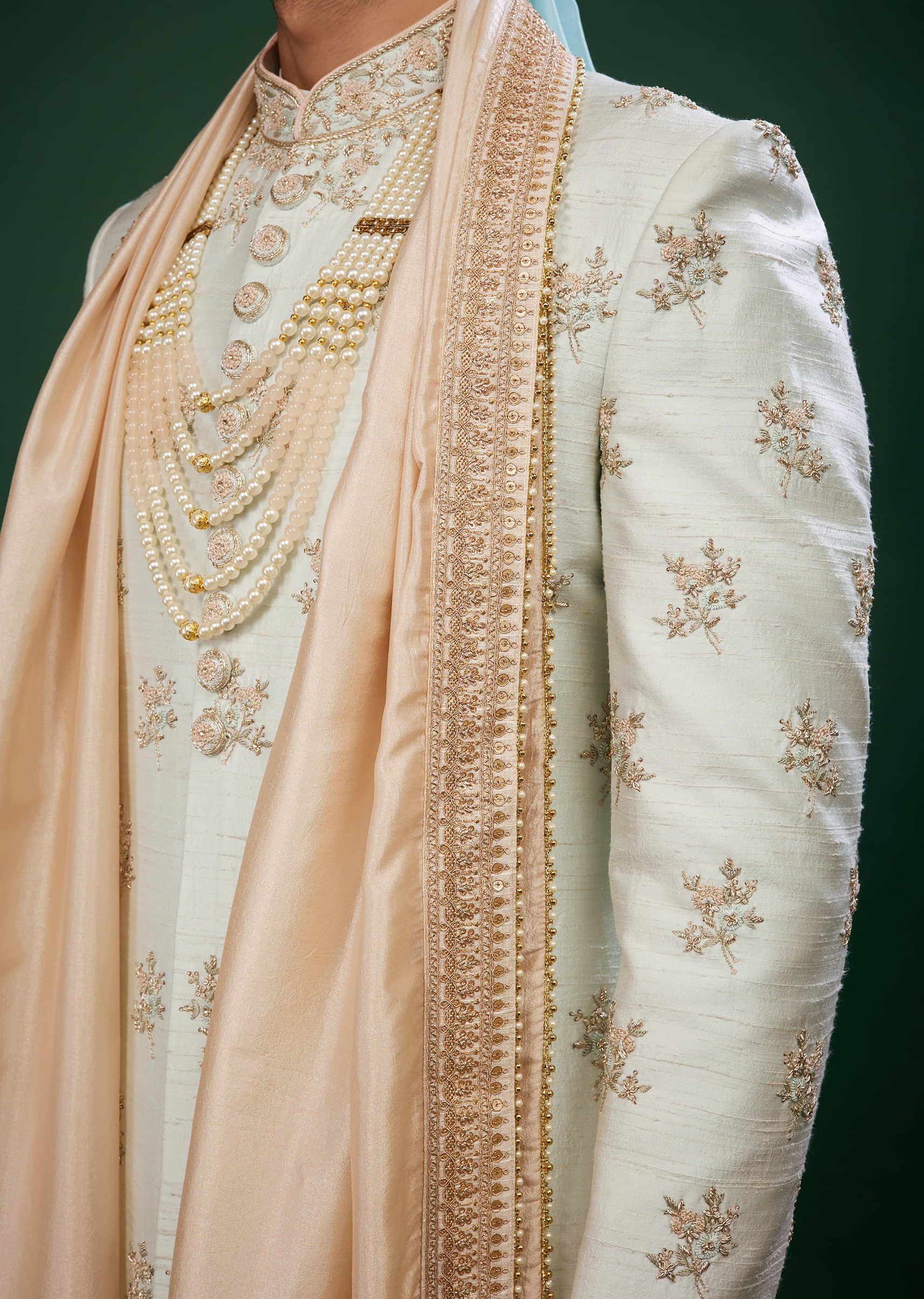Off White Thread Embroidered Sherwani Set In Silk