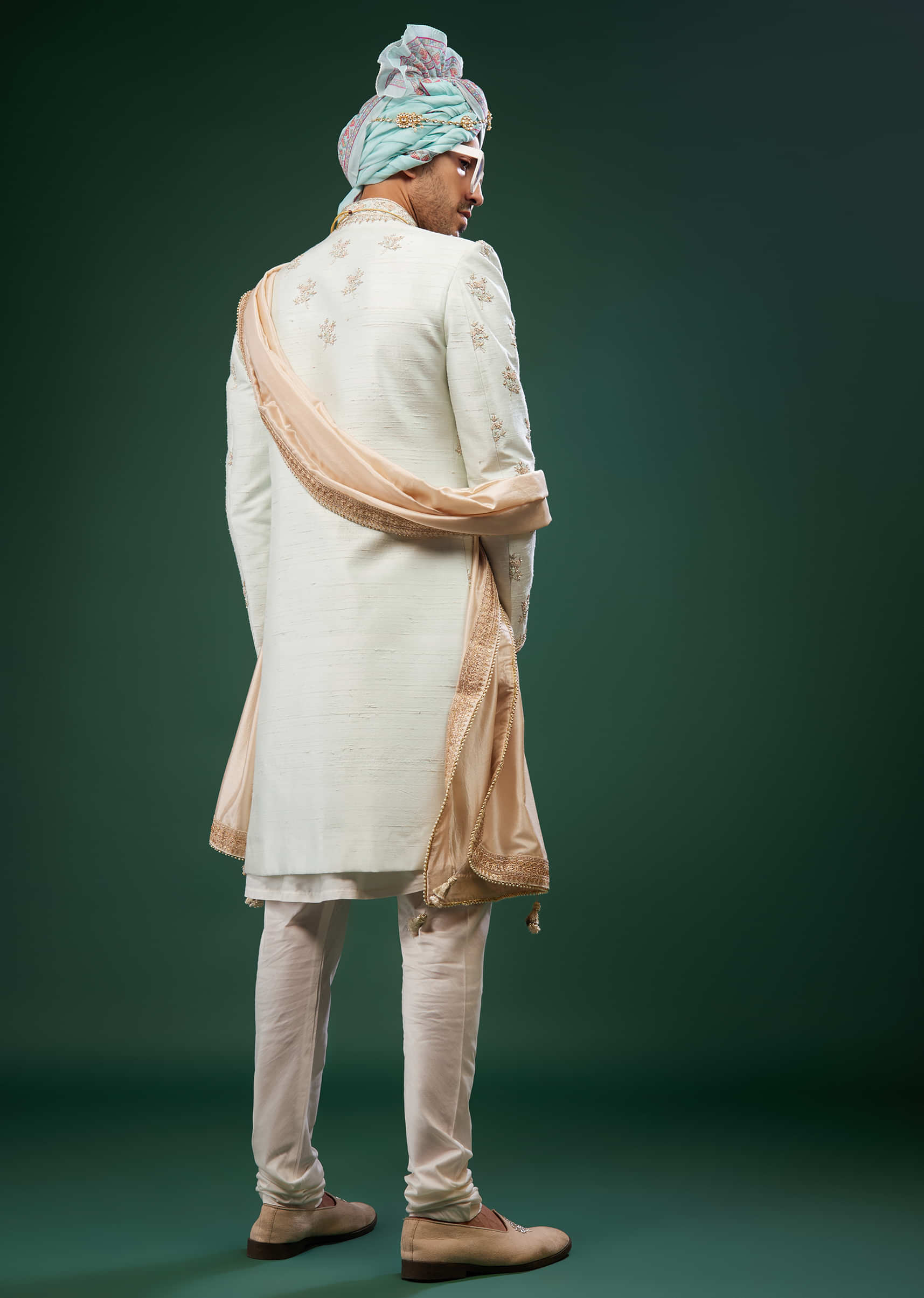Off White Thread Embroidered Sherwani Set In Silk