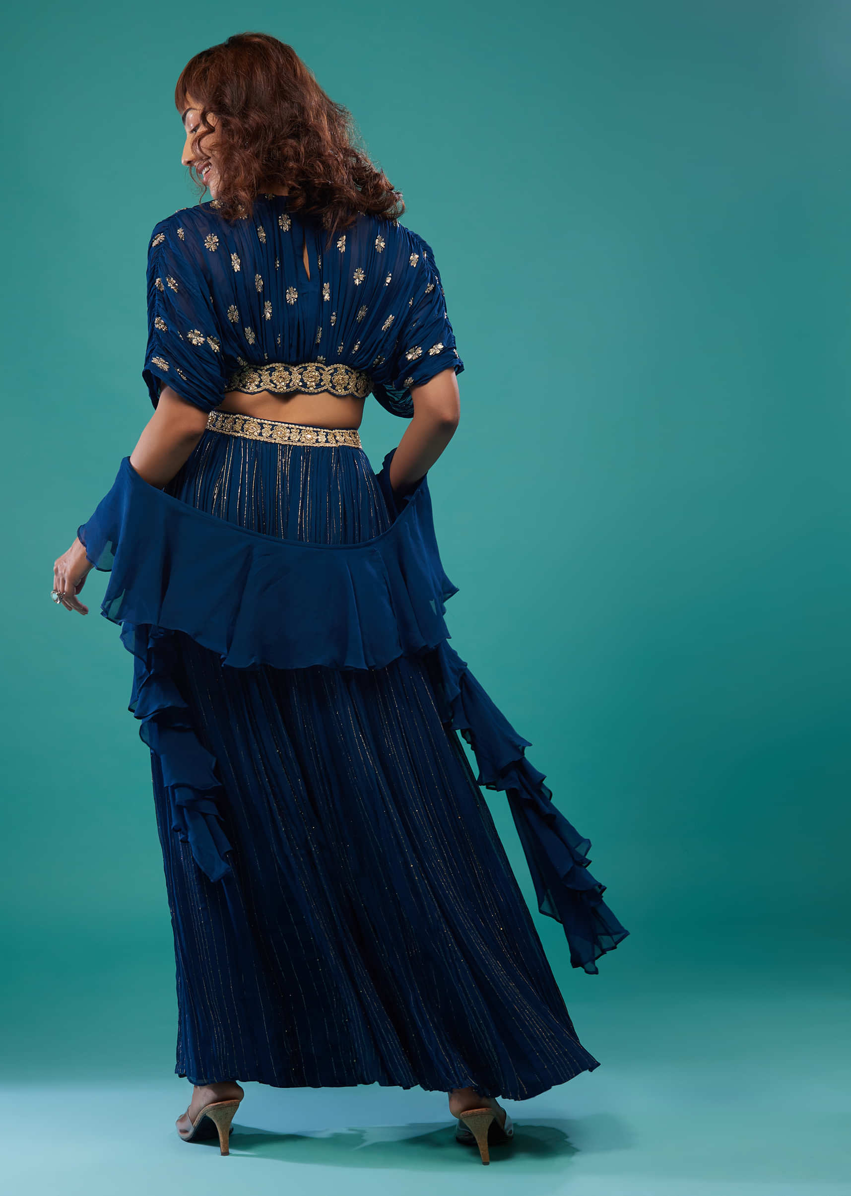 Persian Blue Hand-Embroidered Palazzo Crop-Top Set In Georgette