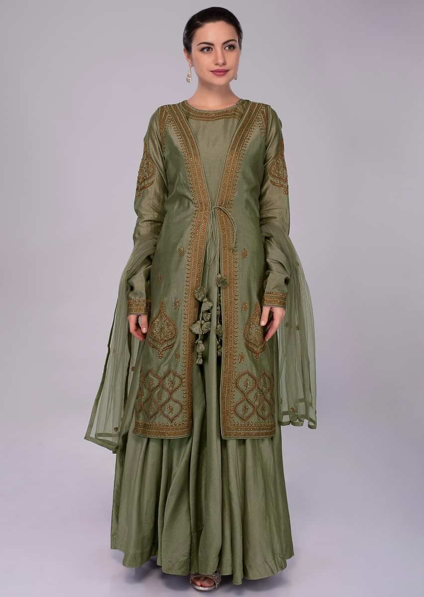 Moss Green Anarkali Dress With Embroidered Jacket And Net Dupatta Online - Kalki Fashion