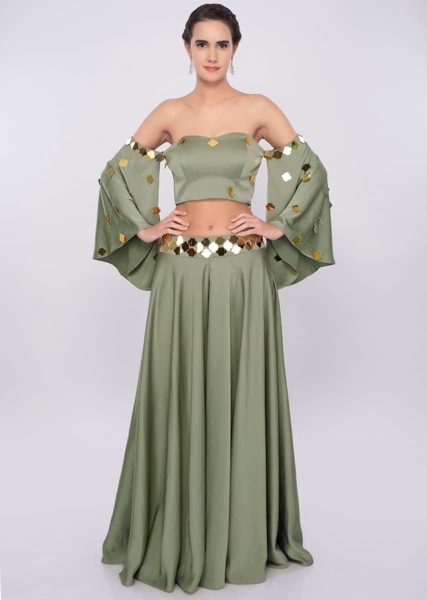 Moss Green Off Shoulder Crop Top With Flared Palazzo Online - Kalki Fashion