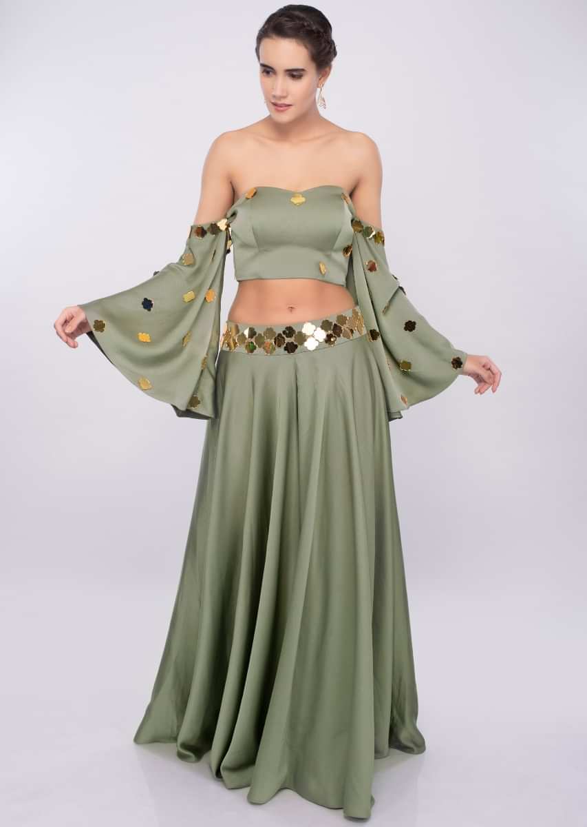 Moss Green Off Shoulder Crop Top With Flared Palazzo Online - Kalki Fashion