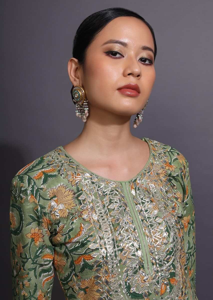 Moss Green Sharara Suit With Floral Print And Gotta Patti Embroidered Yoke  