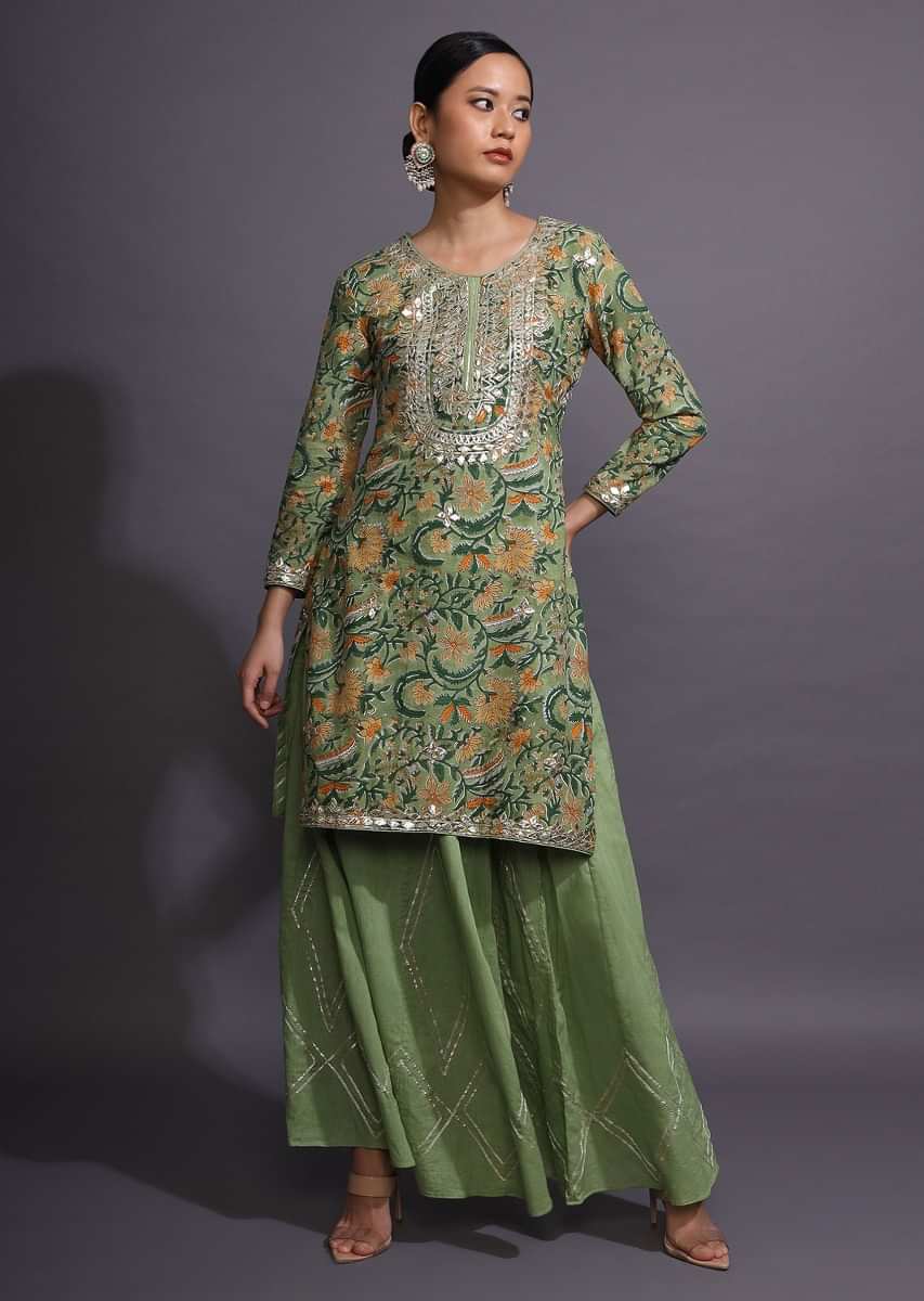Moss Green Sharara Suit With Floral Print And Gotta Patti Embroidered Yoke  