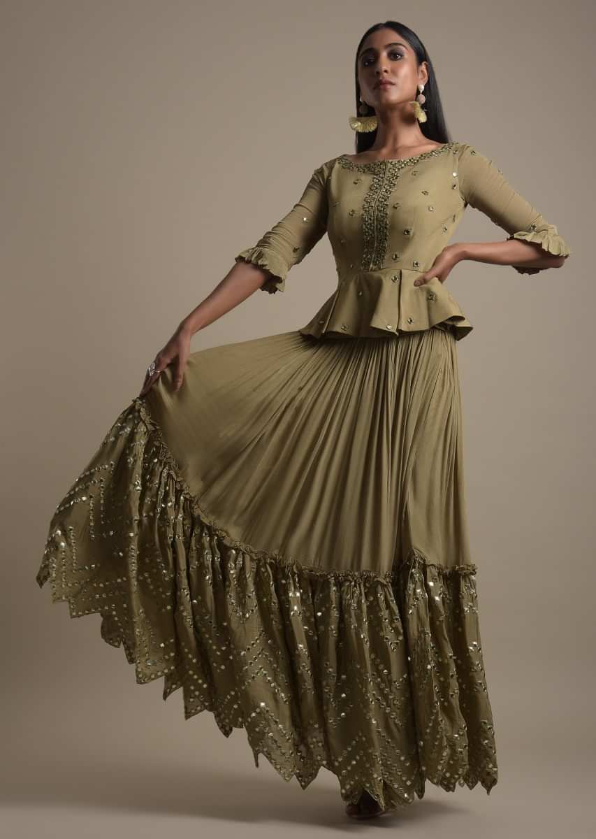 Moss Green Skirt And Peplum Top With Mirror Abla Embroidery And Zigzag Cut Hem  