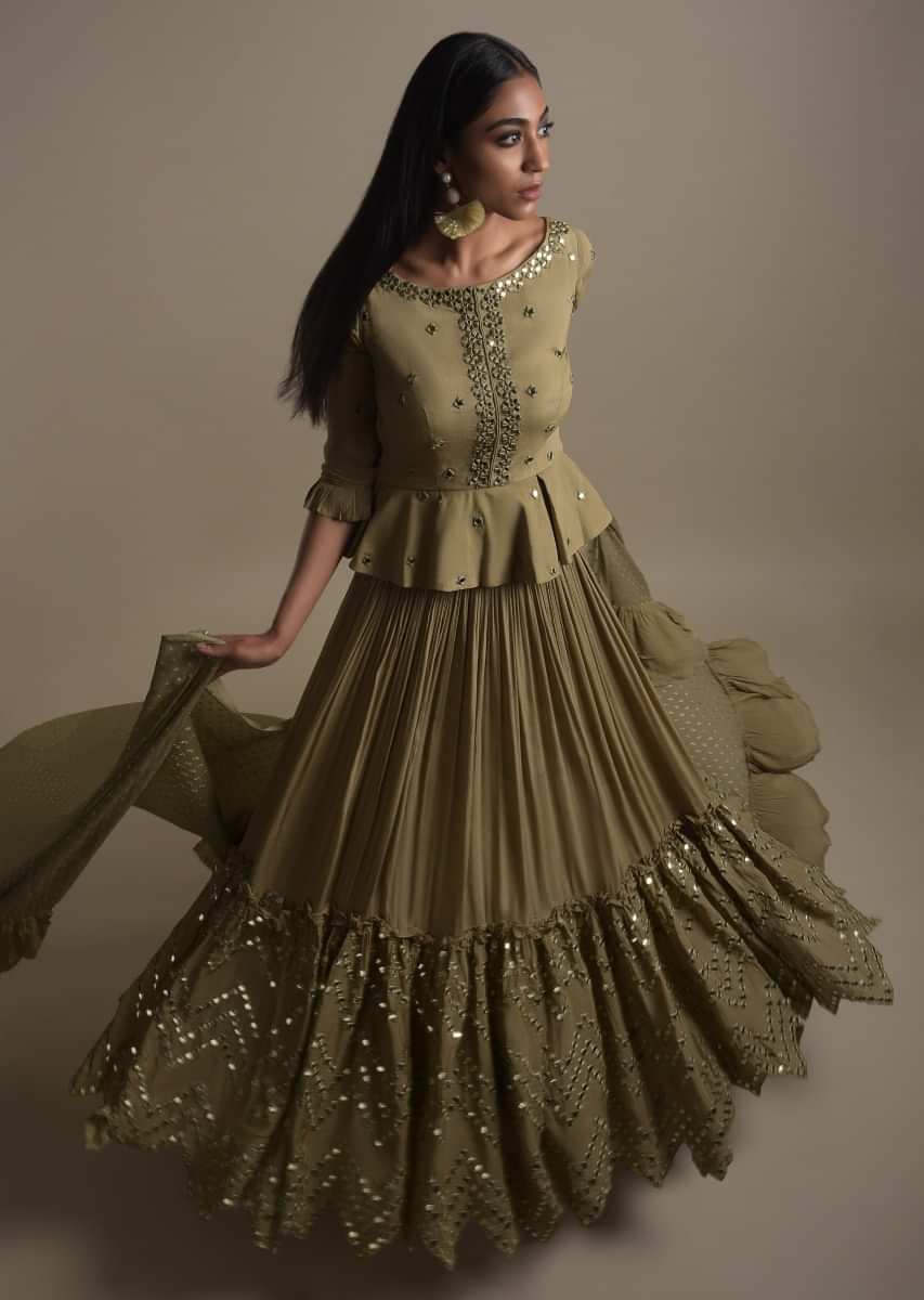 Moss Green Skirt And Peplum Top With Mirror Abla Embroidery And Zigzag Cut Hem  