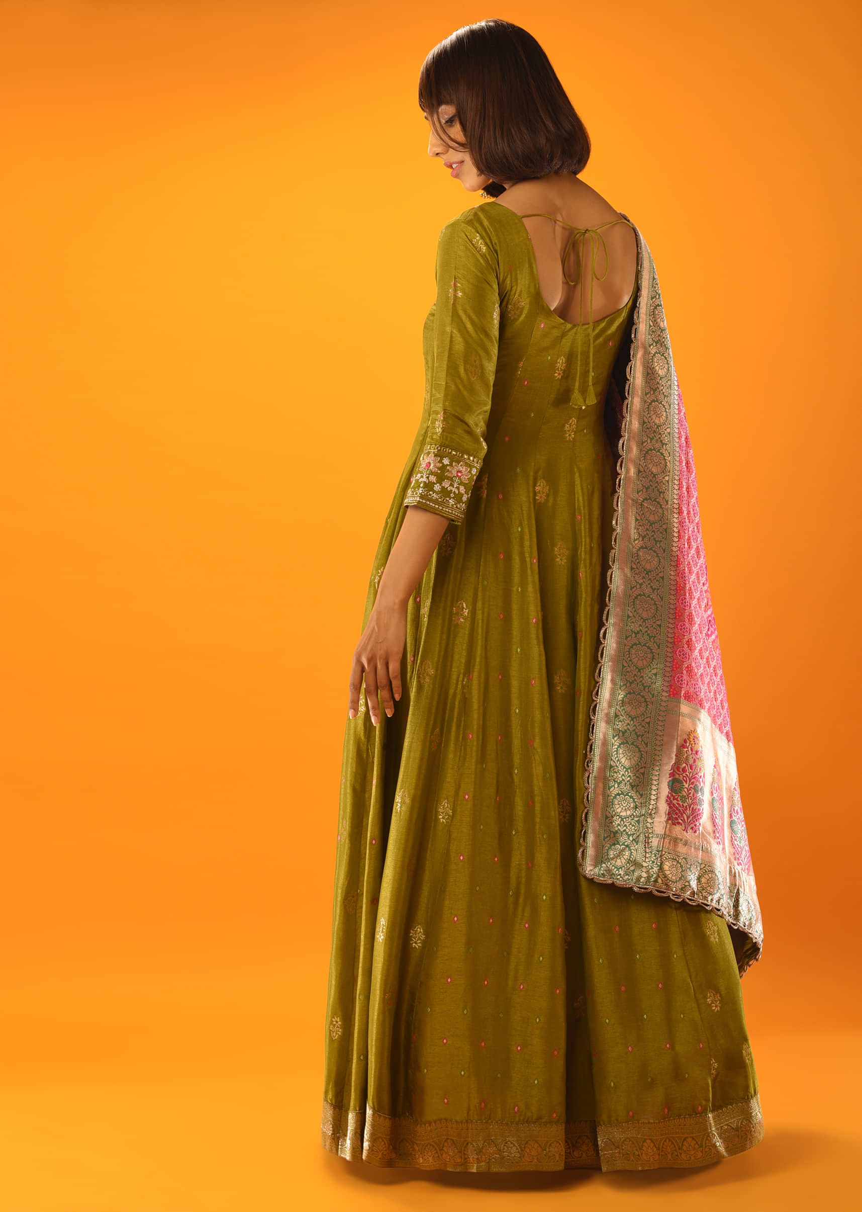 Moss Green Anarkali Suit With Brocade Buttis And Hot Pink Banarasi Dupatta  