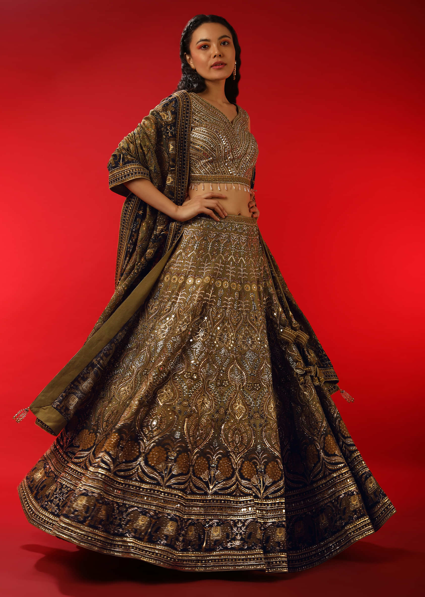 Moss Green And Navy Blue Ombre Lehenga Choli With Mirror Work And Moroccan Print 