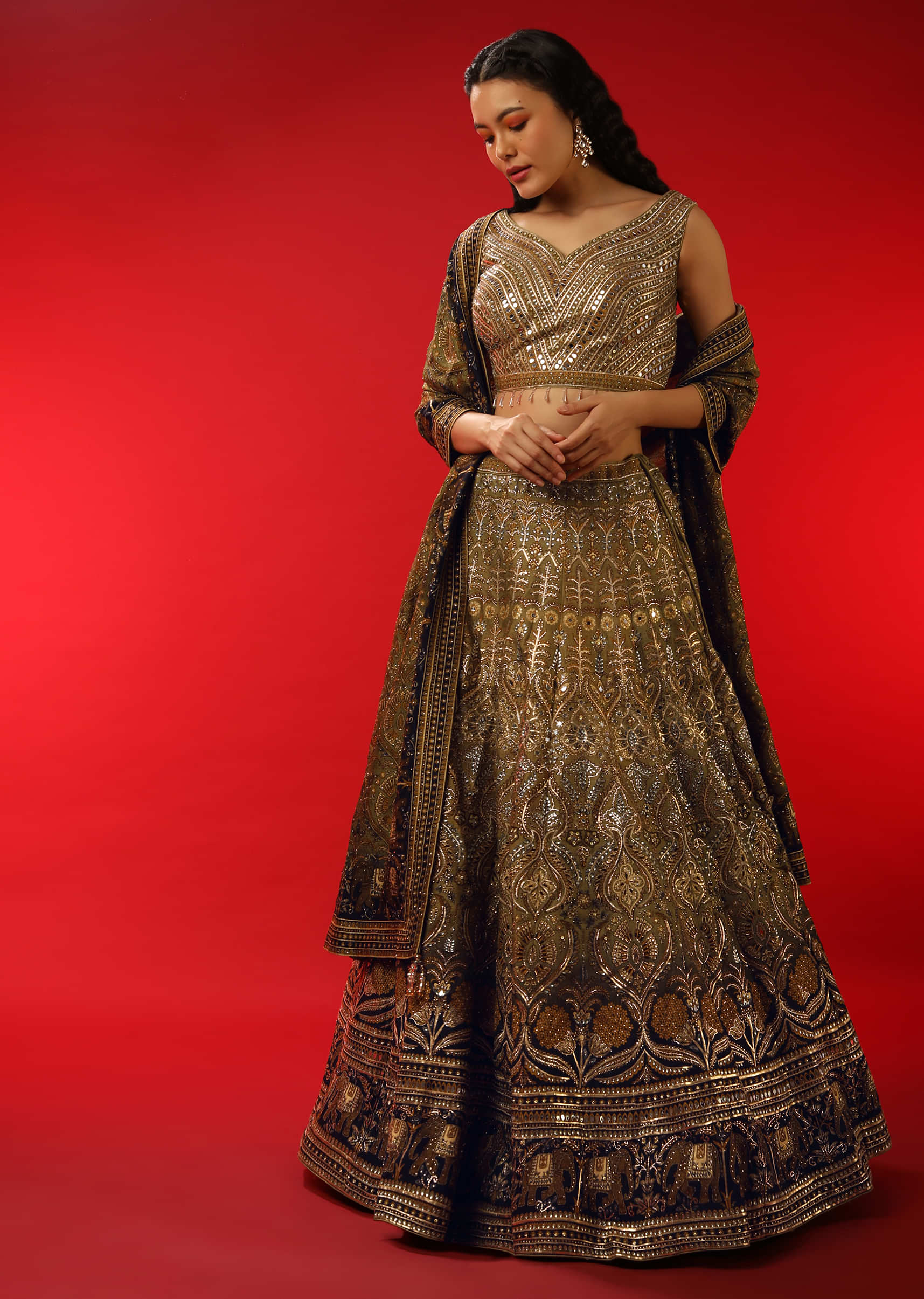 Moss Green And Navy Blue Ombre Lehenga Choli With Mirror Work And Moroccan Print 