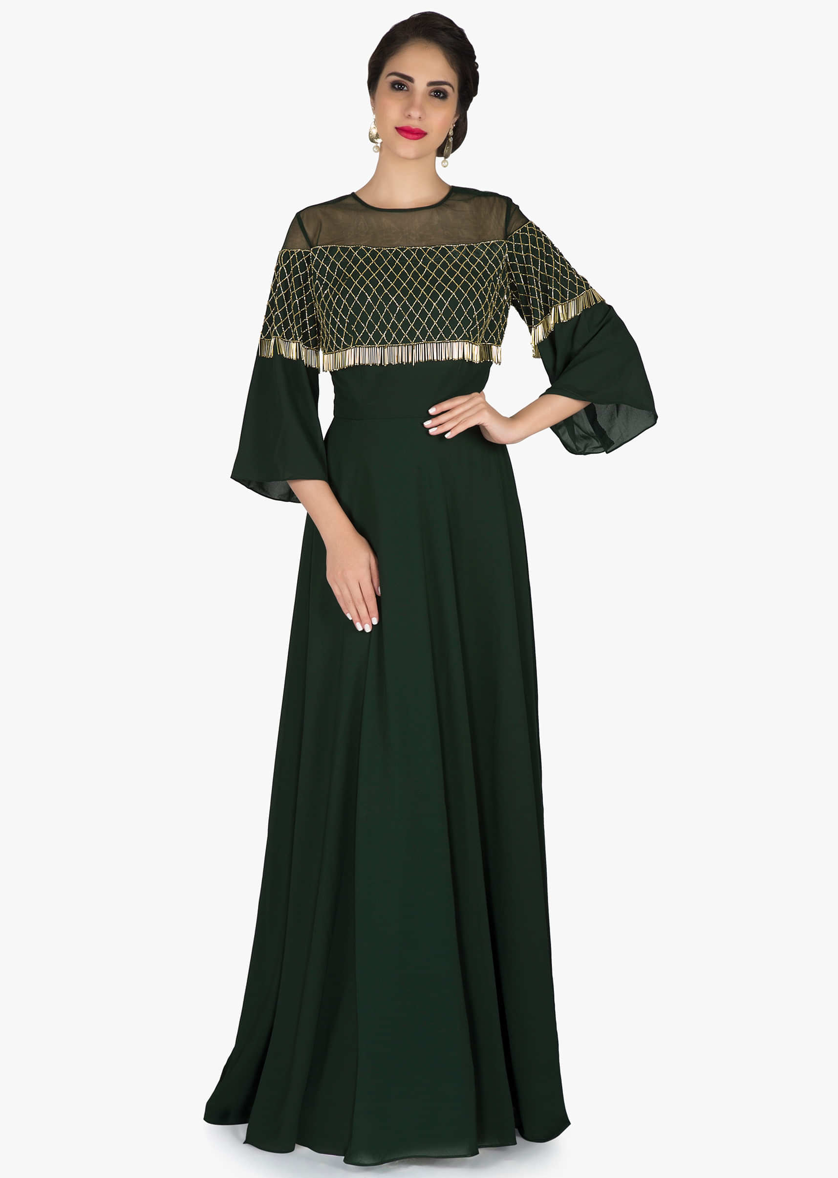 Moss green dress in georgette with cut dana and tassel work only on Kalki