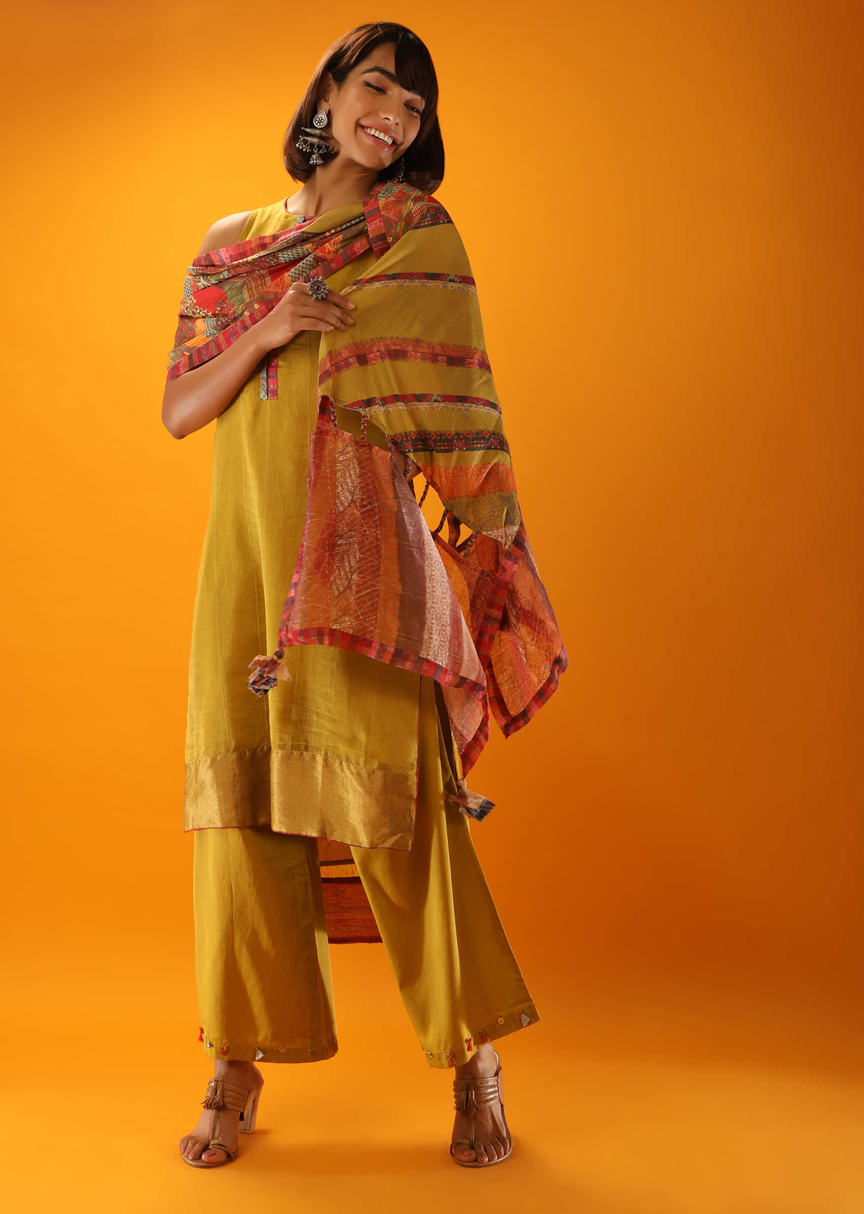 Moss Green High Low Kurta And Palazzo Set With Appliqued Placket In Multi Colored Printed Fabric And Printed Stole  