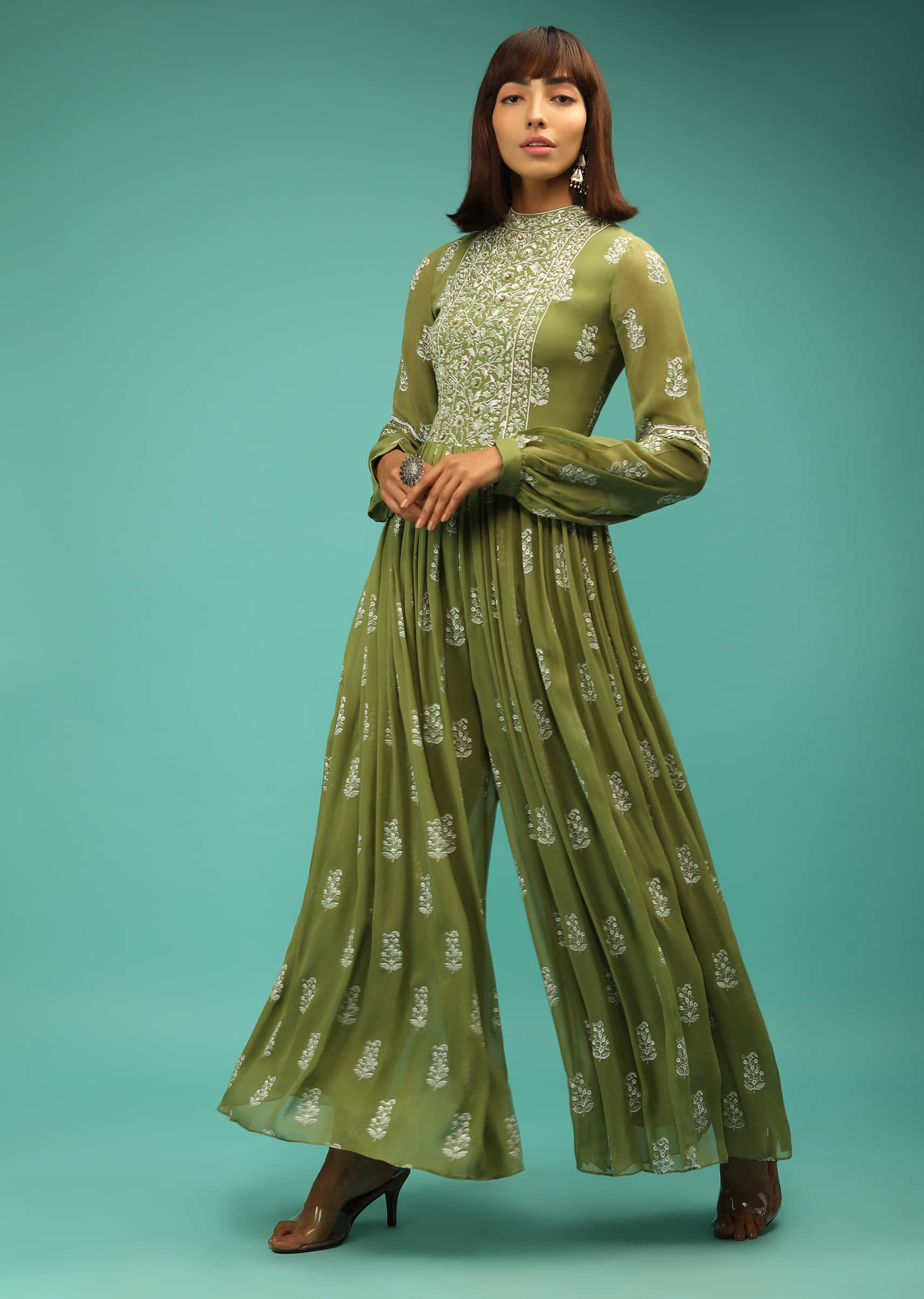 Moss Green Jumpsuit In Georgette With Floral Print And Stone Work  