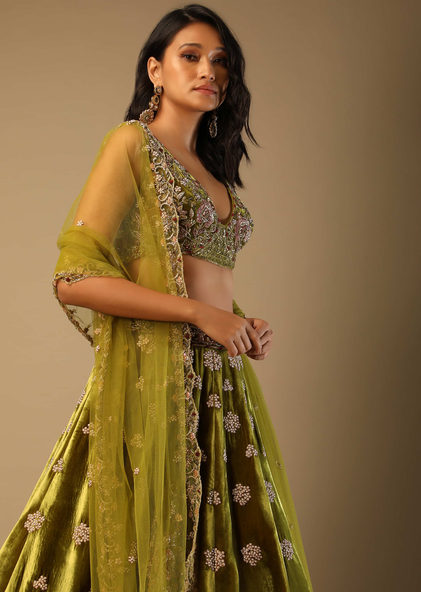 Moss Green Lehenga Choli With Multi Colored Hand Embroidered Floral Buttis 