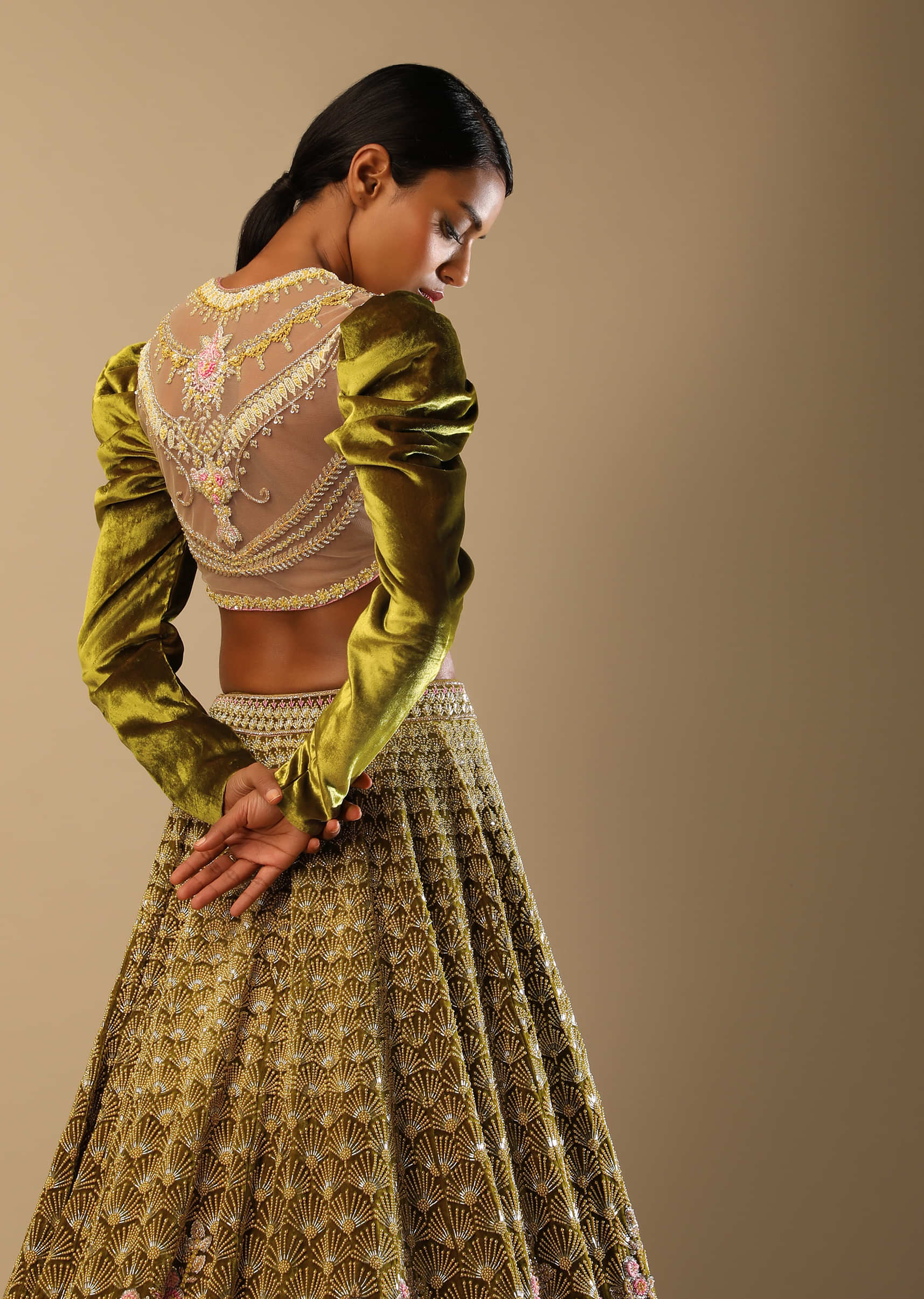 Moss Green Lehenga With Heavy Multi Colored Hand Embroidered Flowers And A Puff Sleeves Choli Embroidered Choli  