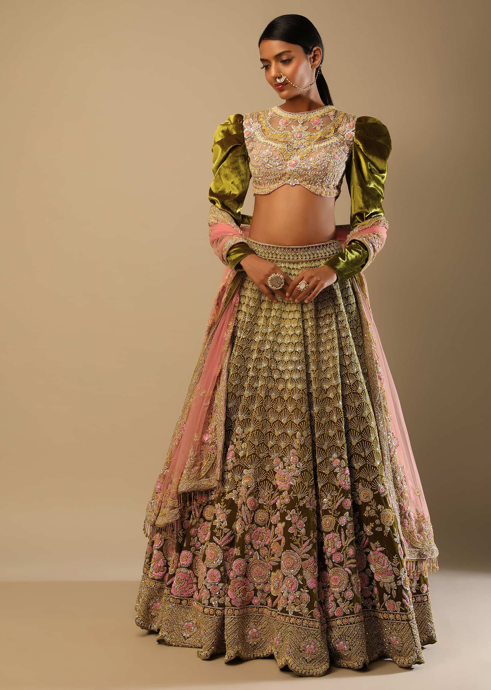 Moss Green Lehenga With Heavy Multi Colored Hand Embroidered Flowers And A Puff Sleeves Choli Embroidered Choli  