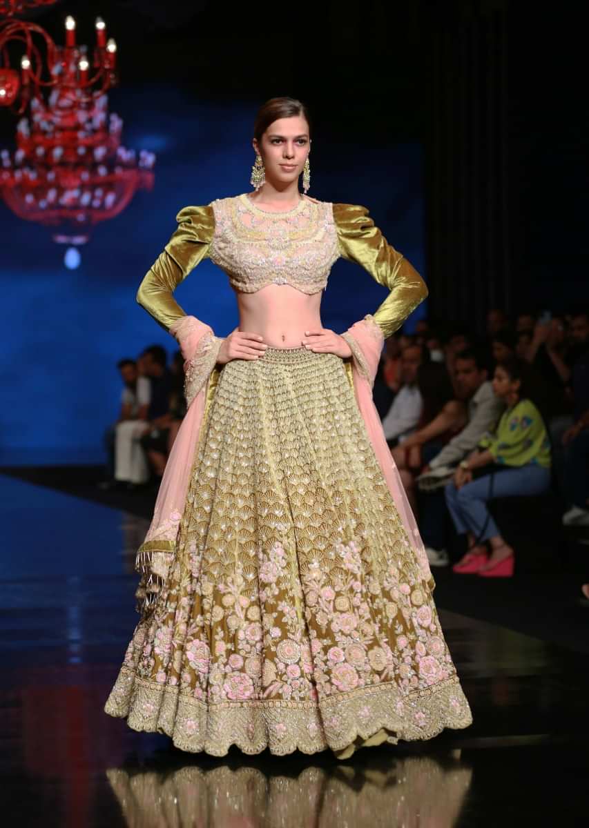 Moss Green Lehenga Choli With Multi Colored Hand Embroidered Floral Buttis