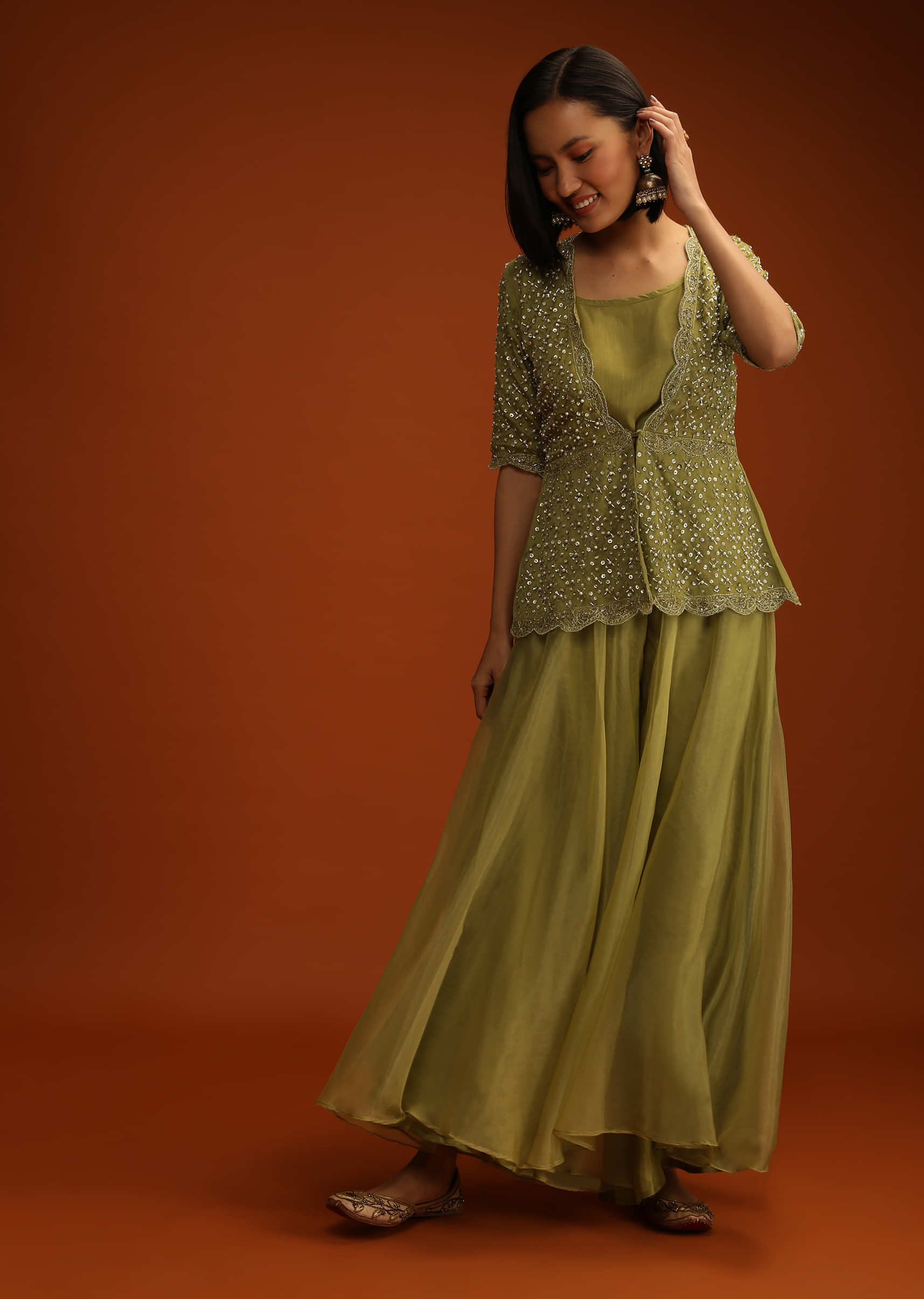 Moss Green Palazzo And Peplum Suit In Organza With Flower Sequins And Cut Dana Work